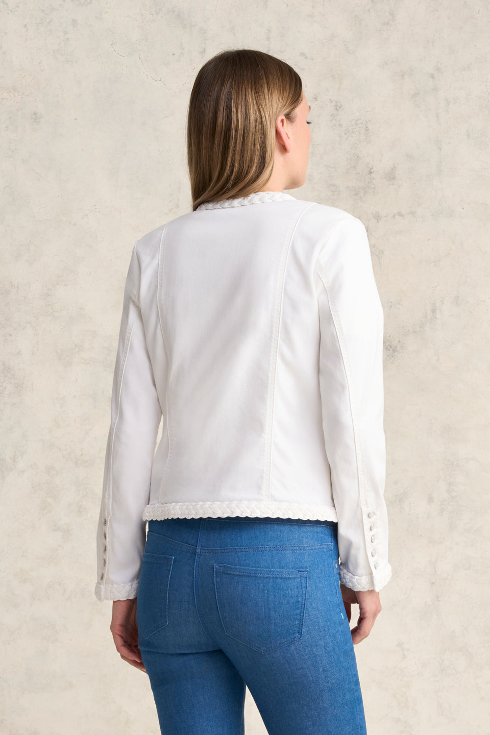 Stylish White Braid Trim Denim Jacket for Women | Fashionable Distressed Denim Outerwear | Perfect for Casual Outings, Date Nights & Spring Layering