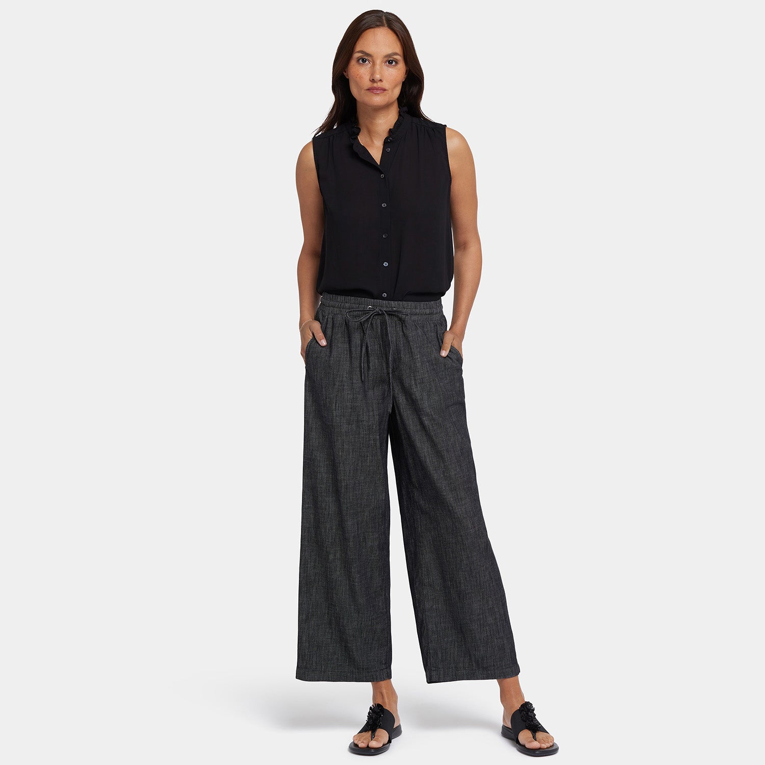 Jayne Pull On Wide Leg Ankle Pants for Petite Women - Black Rinse | Comfortable Stretch Work Pants for Office & Casual Wear