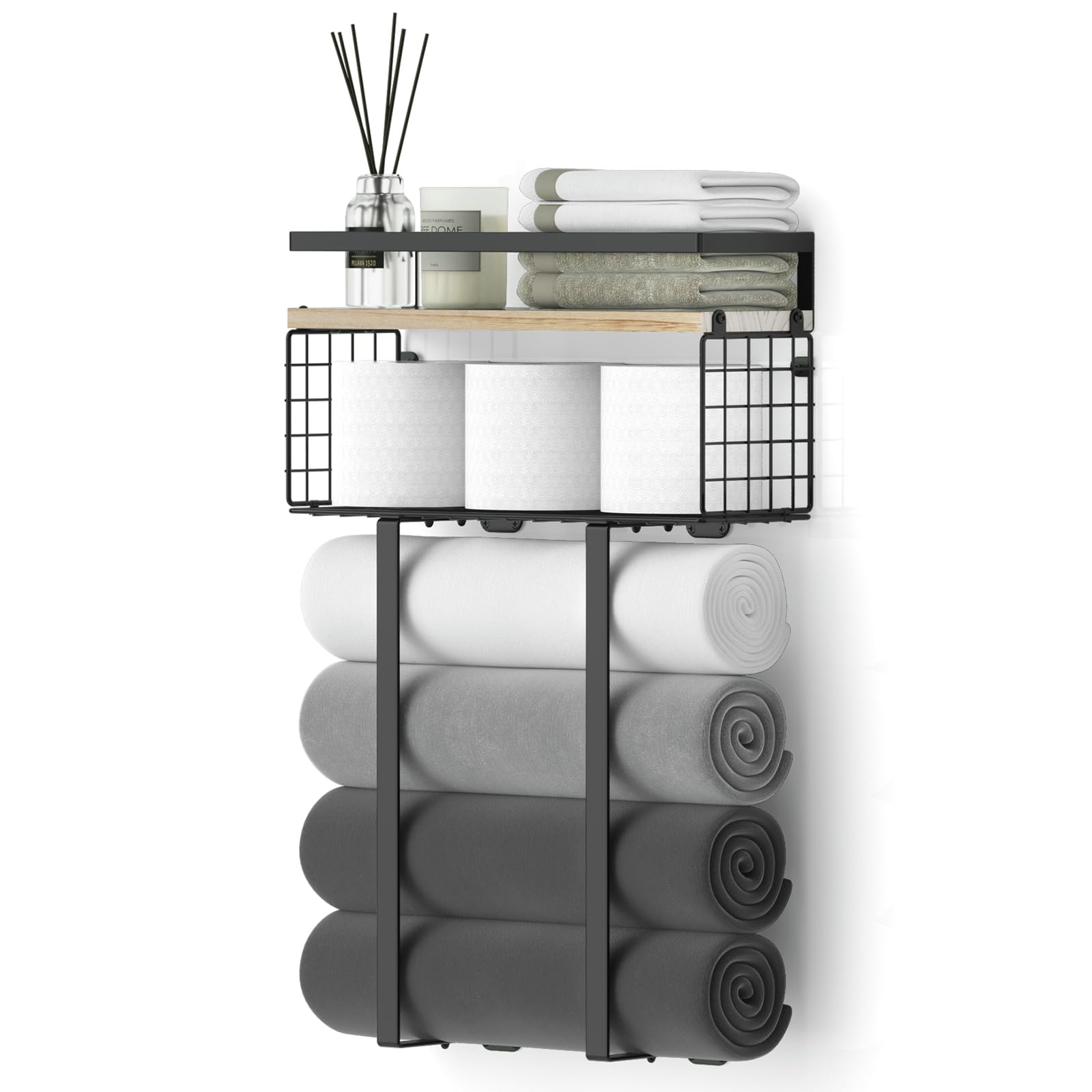 Sturdy Metal Towel Rack with Storage Basket - Wall Mounted Bathroom Organizer for Rolled Towels & Small Spaces | Perfect for Compact Bathrooms, Laundry Rooms & Spa Areas