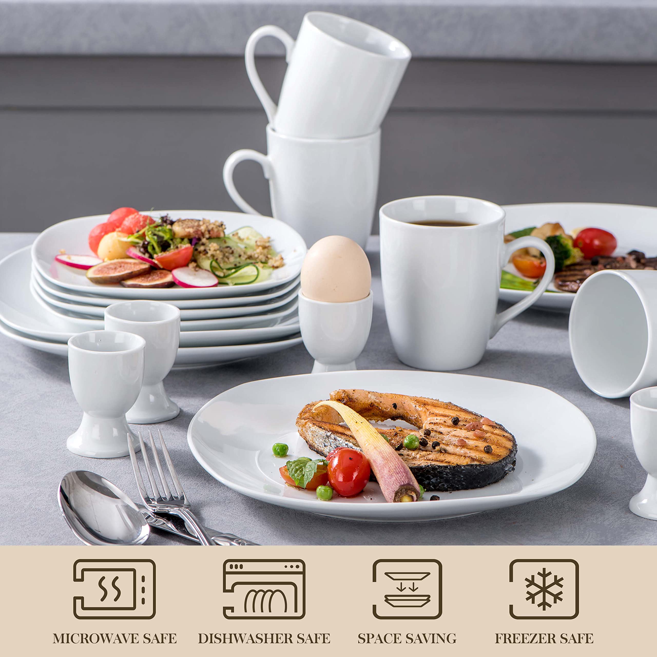 MALACASA 40-Piece Porcelain Dinnerware Set - Gray & White Square Plates, Bowls, Egg Cups & Coffee Mugs - Modern Tableware for 8 People (Elisa Series) - Perfect for Family Dinners, Restaurant Use & Special Occasions