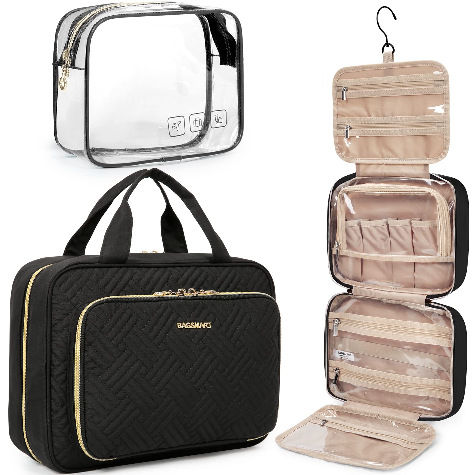 BAGSMART Hanging Toiletry Bag for Travel - TSA Approved Transparent Cosmetic Organizer with Large Capacity for Full Sized Toiletries & Makeup (Black) | Perfect for Air Travel, Camping & Gym Essentials