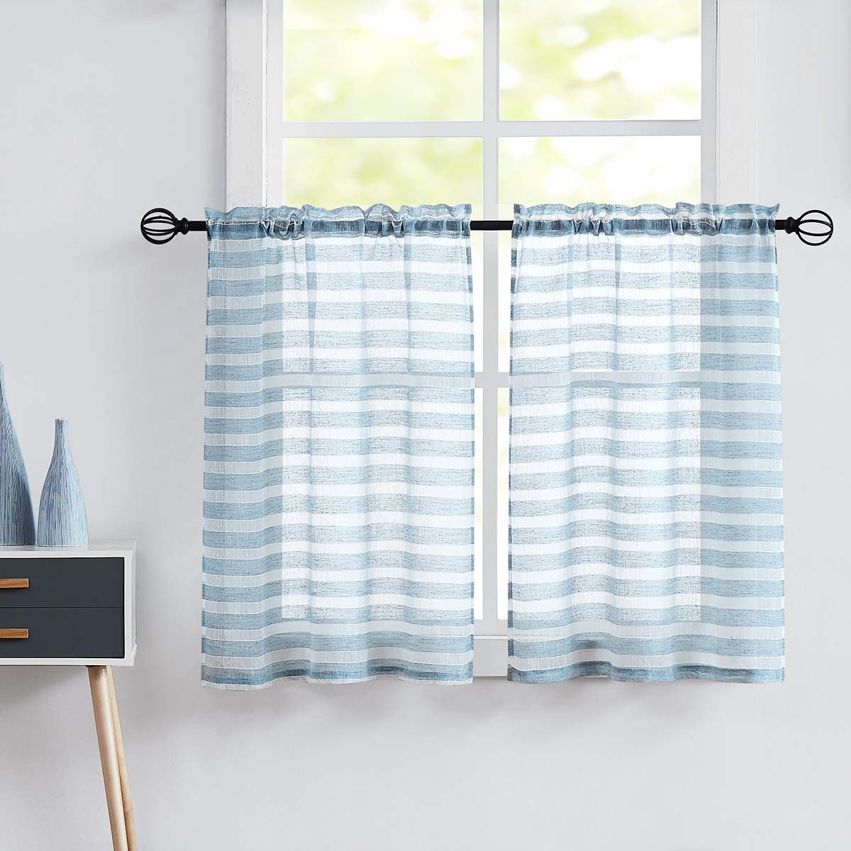 Fragrantex Sheer Kitchen Curtains - Blue & White Striped Cafe Curtains for Small Windows (28