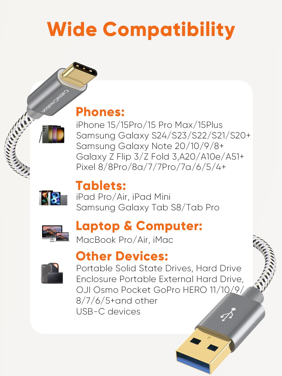 CableCreation 10Gbps USB C to USB A Cable 1FT - High Speed USB 3.2 Gen 2 Data Transfer & Charging Cord for iPhone 16/15, MacBook, Galaxy S24, Pixel, iPad, External SSD - Perfect for Android Auto, CarPlay & Fast File Transfers