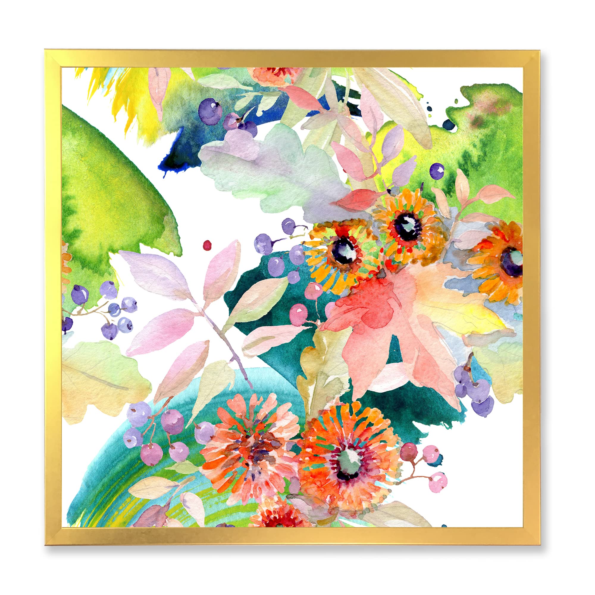 DesignQ Vibrant Wild Spring Leaves & Wildflowers III Modern Framed Wall Art - Nature Inspired Home Decor for Living Room, Bedroom & Office