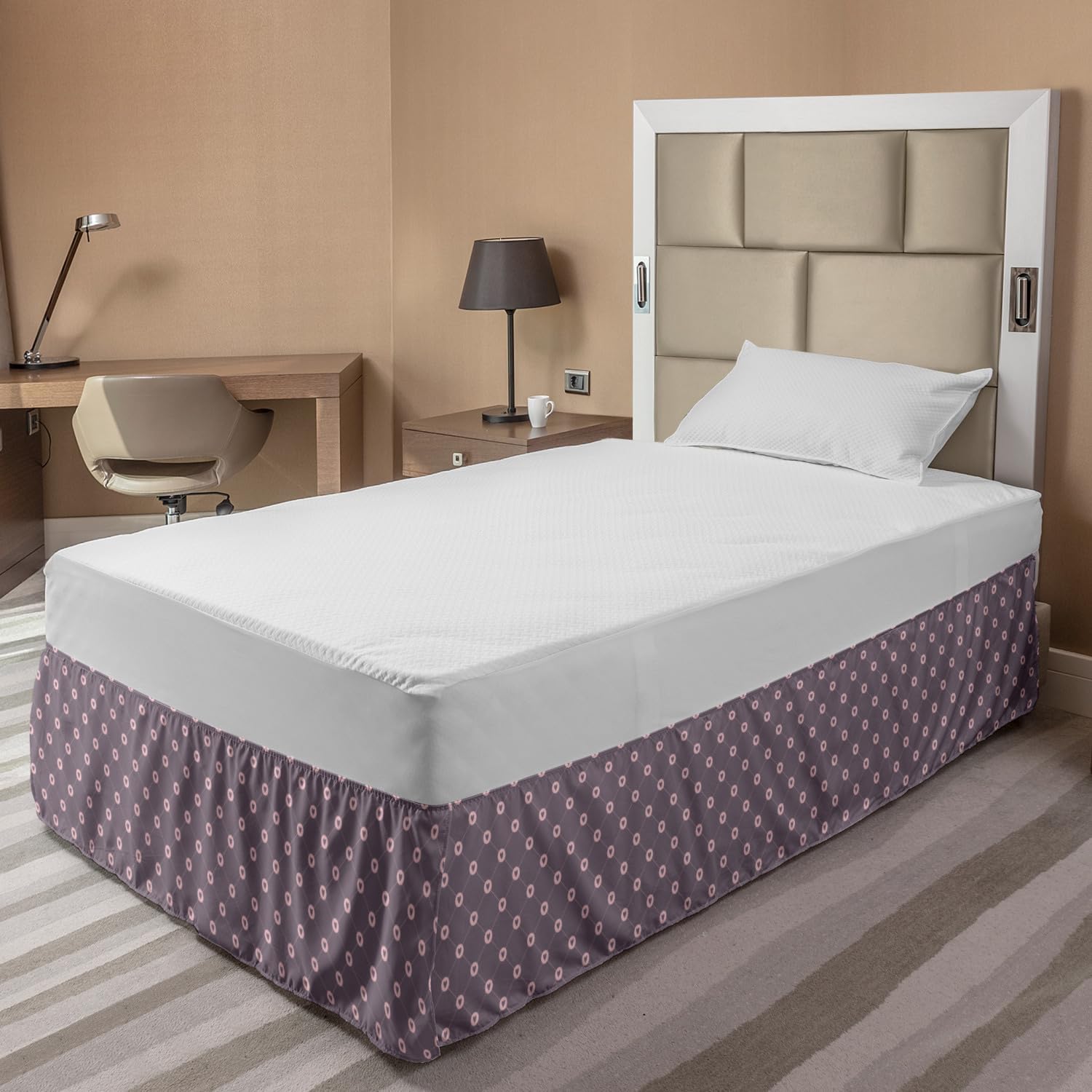 Ambesonne Modern Bed Skirt - Symmetrical Heart Mesh Design, Elastic Dust Ruffle Wrap for Bedding Decor, Full Size in Pale Eggplant & Rose | Perfect for Valentine's Day Gifts & Bedroom Makeovers
