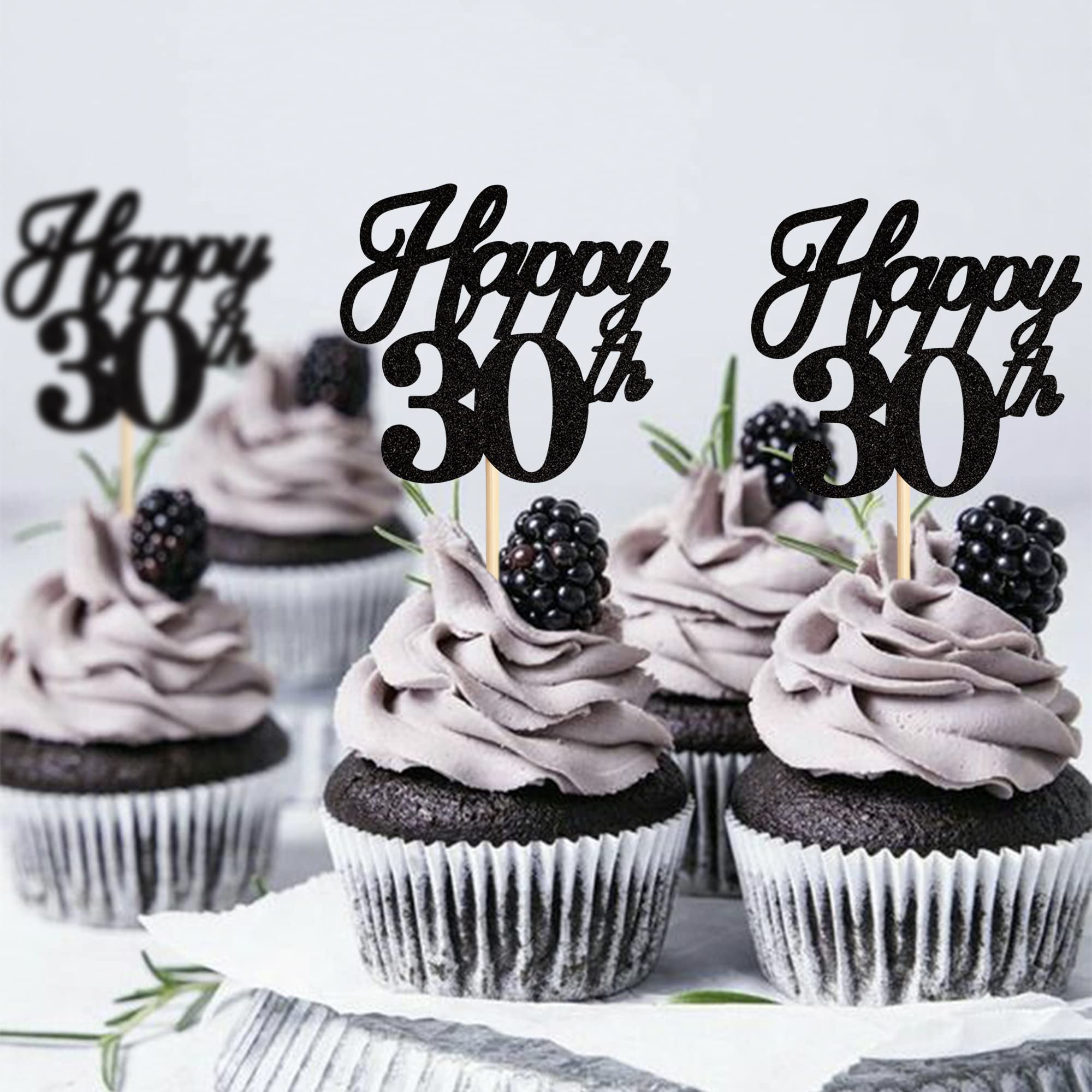 Ercadio 24 Pack Happy 30th Birthday Cupcake Toppers - Black Glitter 30th Cupcake Picks, Hello 30 Cupcake Decorations for Birthday, Wedding, Anniversary Party Cake Decor Supplies - Perfect for Milestone Celebrations & Dessert Table Displays