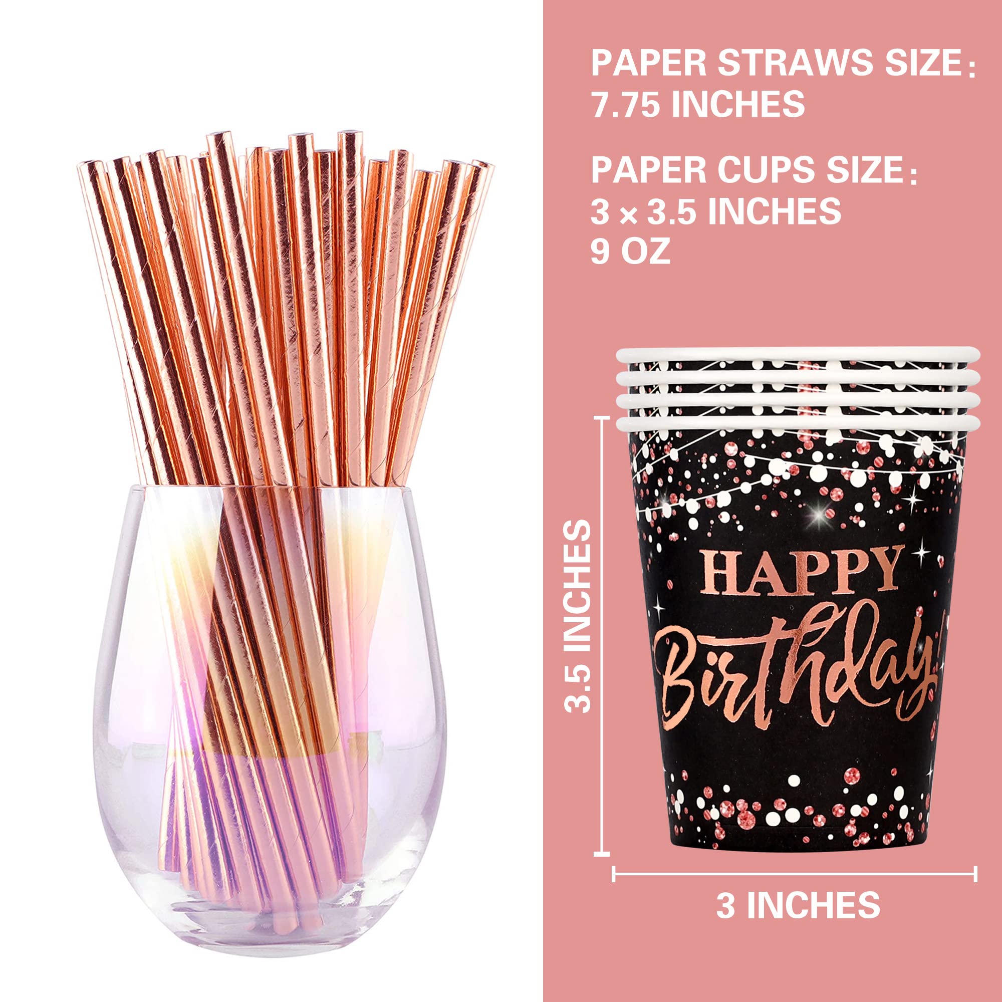 Rose Gold Happy Birthday Party Decorations for Women - 121pcs Disposable Tableware Set (Plates, Napkins, Cups, Straws, Tablecloth) for 24 Guests - Perfect for Birthday Parties, Bridal Showers & Special Celebrations
