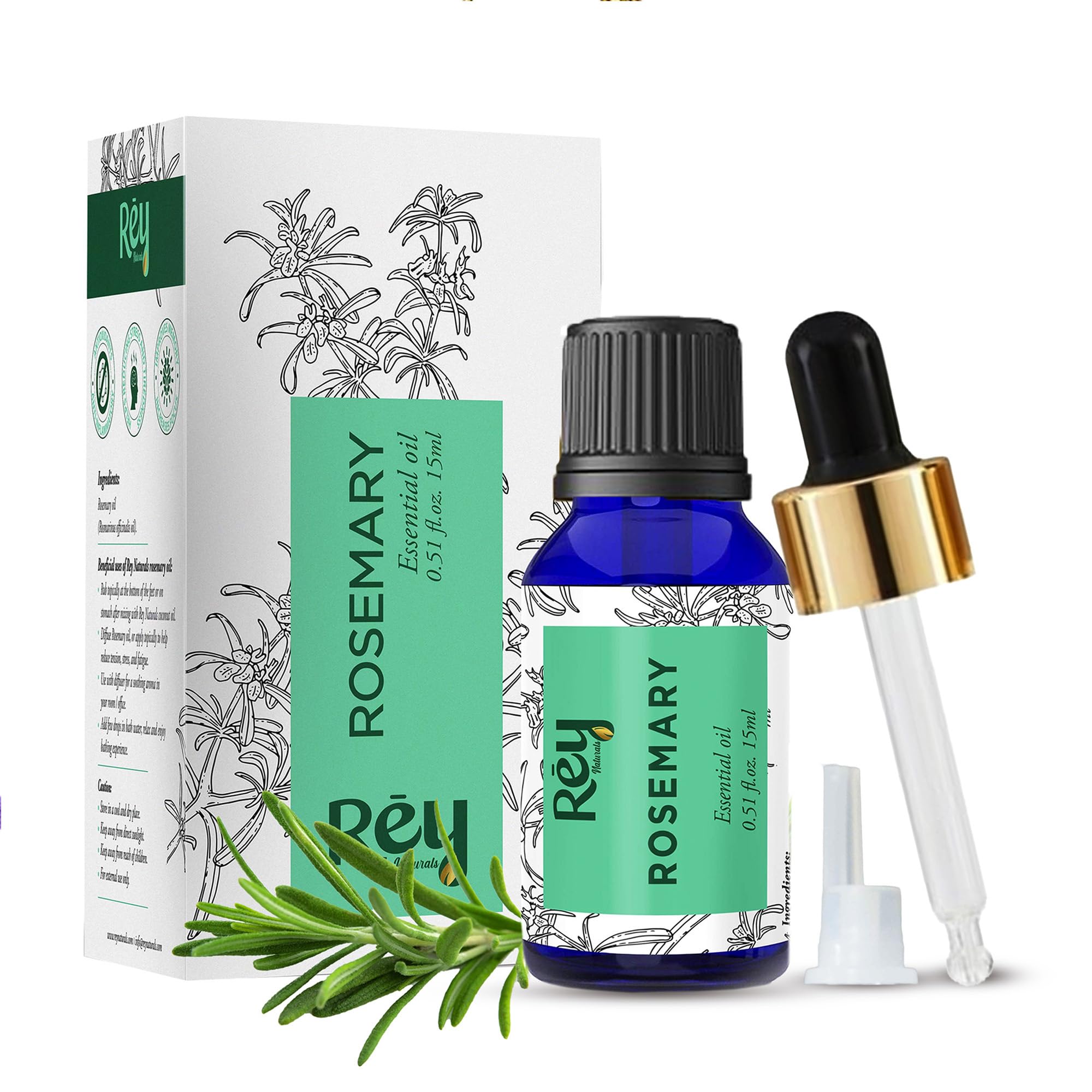 Rey Naturals Pure Rosemary Essential Oil for Hair Growth, Hair Loss Control & Dandruff Treatment | Non-Greasy Skin & Body Oil for Soft, Shiny Hair | Natural Hair Care for Women & Men - 15ml | Perfect for Scalp Massage, Aromatherapy & DIY Beauty Recipes