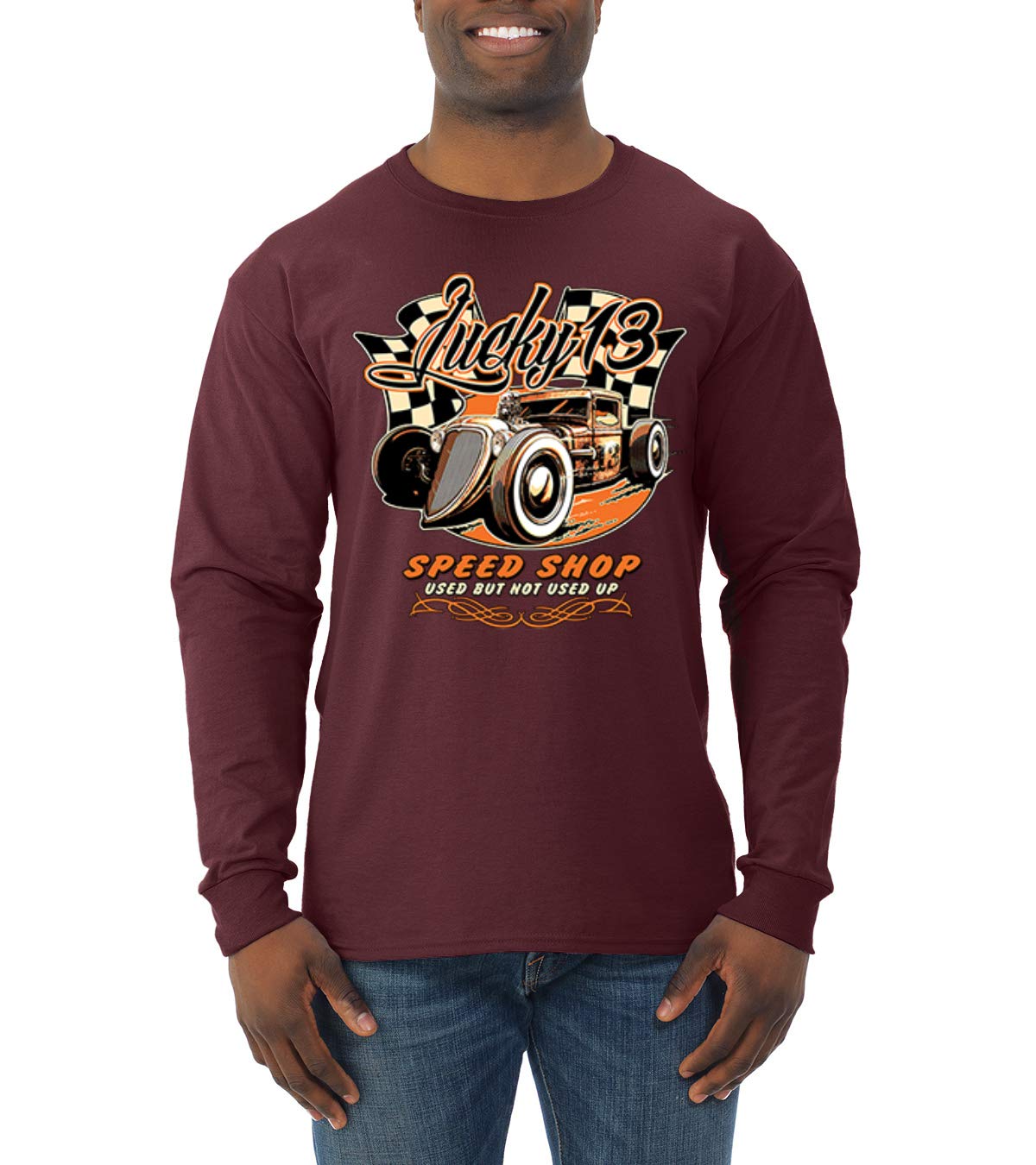 Vintage Lucky 13 Speed Shop Automotive Long Sleeve Shirt for Men - Classic Used Cars & Trucks Design - Perfect for Car Enthusiasts, Mechanics, and Retro Fashion Lovers