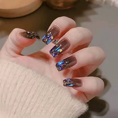 Ezpieces French Tip Press on Nails Medium Length with Sparkle & Glitter - 3D Super Glam Fake Nails Coffin Shape with Glue - 24PCS Acrylic Artificial Nails for Women - Perfect for Daily Wear, Parties, Weddings & Special Occasions