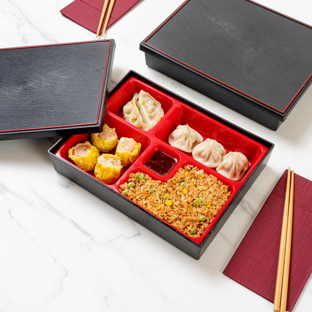 Japanese Style Bento Box - 5 Compartments Black and Red Lunch Box (10.75