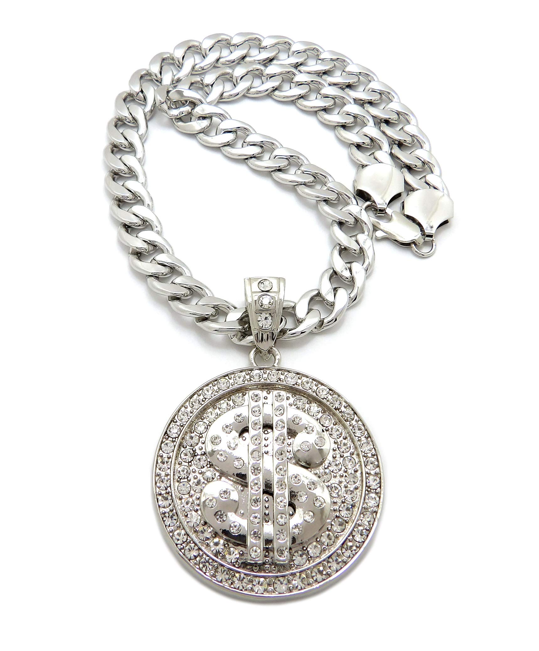 Hip Hop Rhinestone Dollar Sign Pendant with Cuban Chain - Silver Tone for Men's Fashion