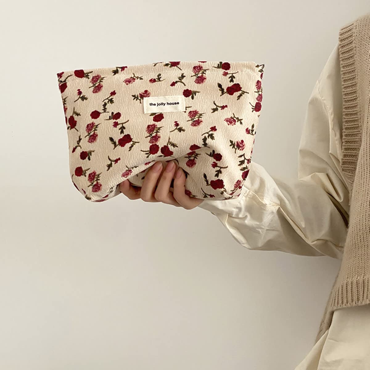 Fycyko Rose Flower Printed Canvas Cosmetic Bag - Corduroy Toiletry Organizer with Zipper, Small Makeup Pouch for Women & Girls (Beige) | Perfect for Travel, Beauty Storage, School Supplies & Gift Giving