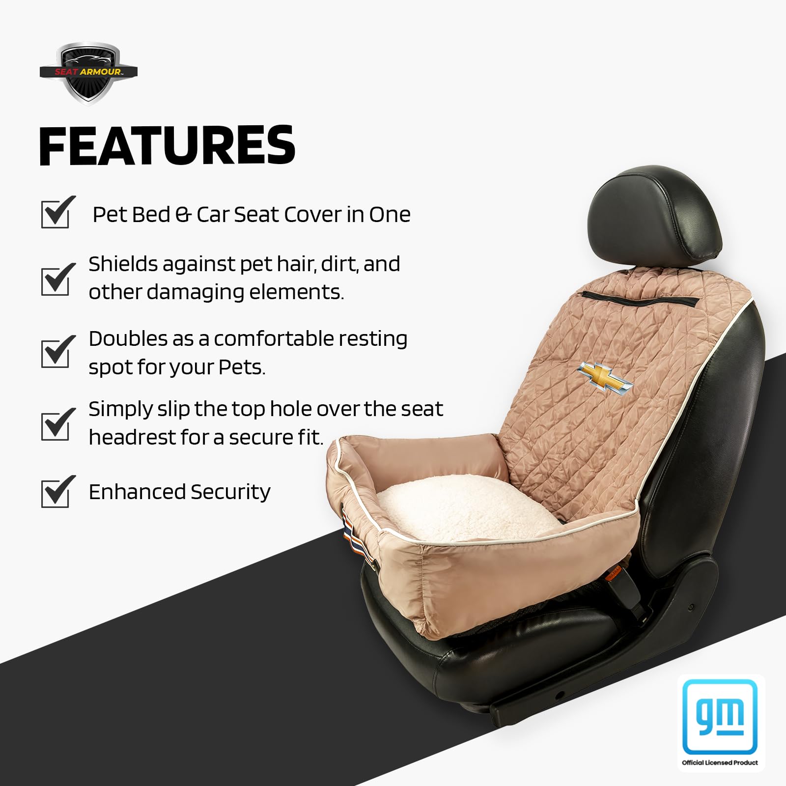 Seat Armour Chevrolet PetBed2GO Dog Car Seat Cover – 2-in-1 Pet Bed & Car Seat Protector – Waterproof, Non-Slip, Full Protection for Pets – 26x20x6 inches, 3.5 lbs, Tan – Perfect for Travel, Road Trips & Daily Commutes with Your Dog