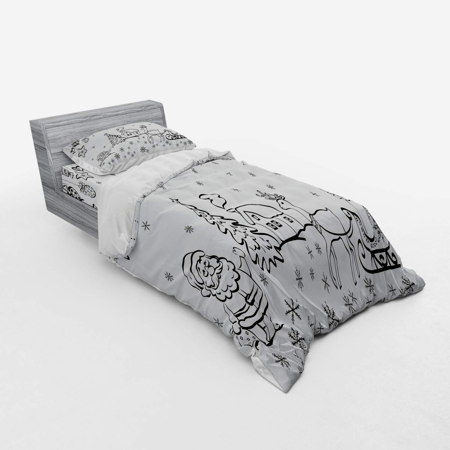 Ambesonne Christmas Duvet Cover Set - 3 Piece Bedding with Santa Sleigh, Reindeer & Jingle Bells Design, Twin Size Black & White - Perfect for Holiday Decor & Cozy Winter Nights