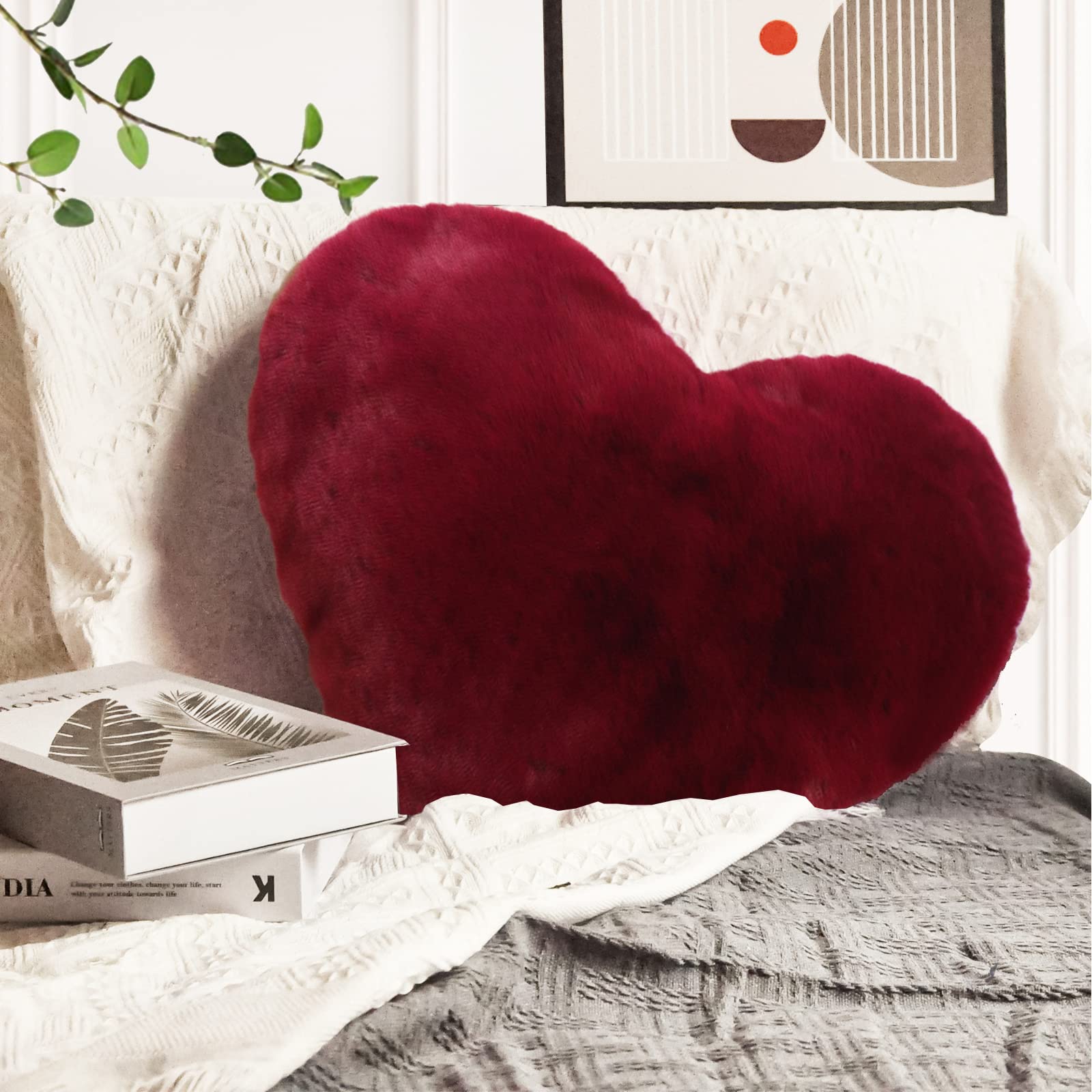YRXRUS 14x17 Inch Large Heart Shaped Pillow - Soft Faux Rabbit Fur Coquette Decor Throw Pillow in Wine Red, Perfect Valentine's Day Gift for Couples, Romantic Bedroom Decor, Living Room Accent Pillow for Sofa, Chair or Outdoor Use