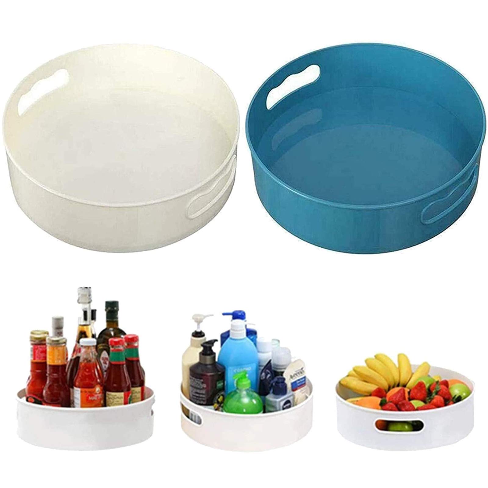 360° Rotating Tray - 2pc Non-Slip Lazy Susan for Kitchen & Cosmetics Storage (Blue/White) - Perfect for Countertop Organization