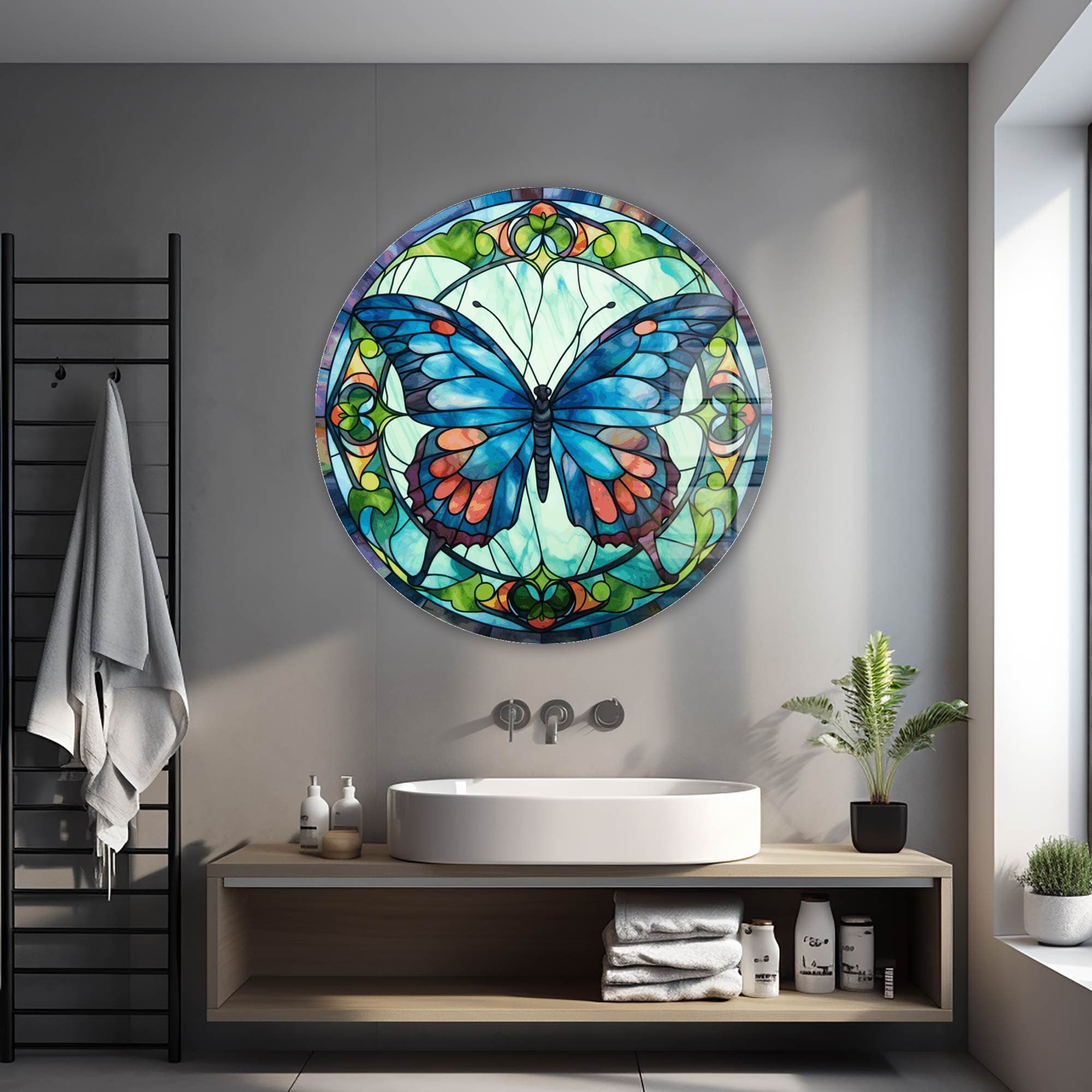 Stained Butterfly Round Glass Wall Art - Elegant Home Decor for Living Room, Bedroom & Office