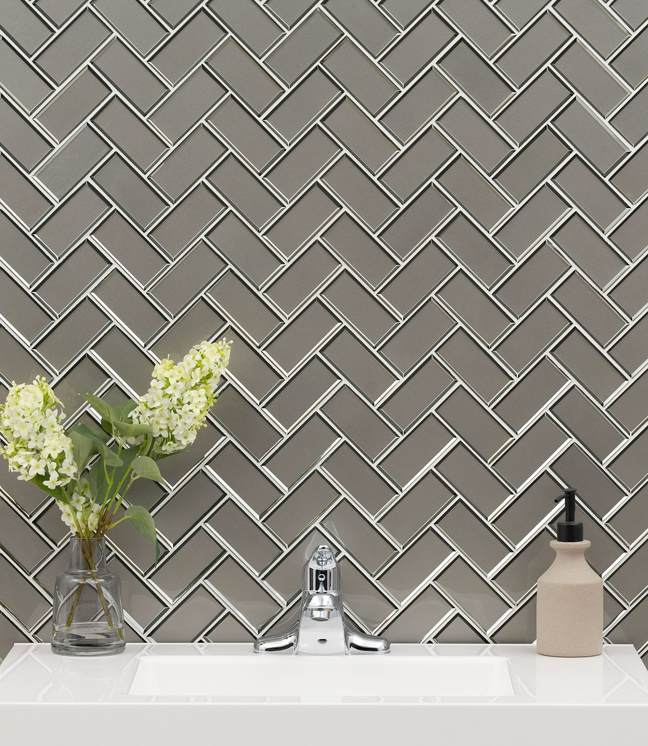 MSI Champagne Bevel Herringbone Glass Mosaic Tile - 13.86
