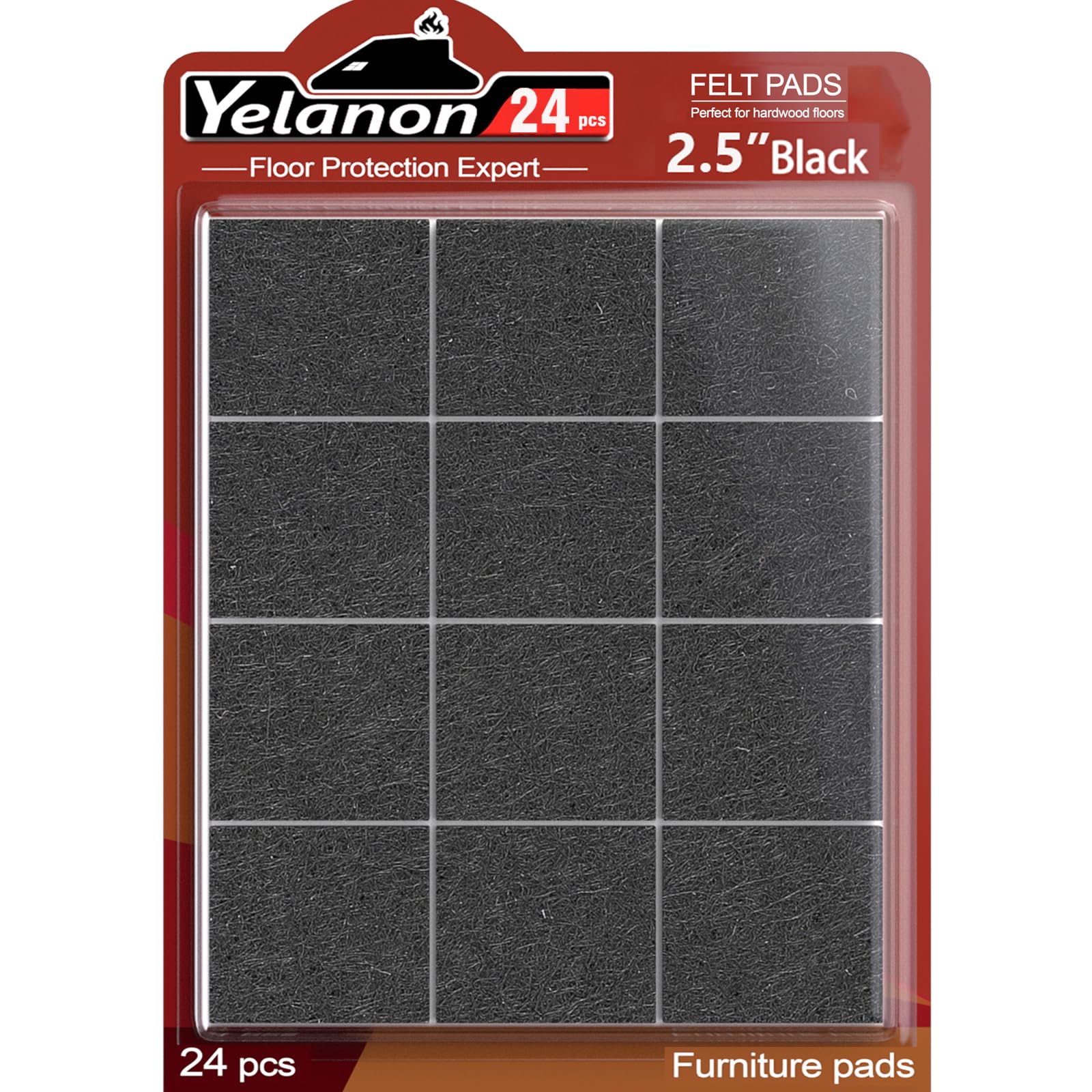 Yelanon 24-Pack 2.5 Inch Premium Black Felt Furniture Pads for Hardwood Floors - Chair Leg Protectors, Scratch Prevention for Tables & Sofas - Perfect for Home, Office & Dining Room Furniture Protection