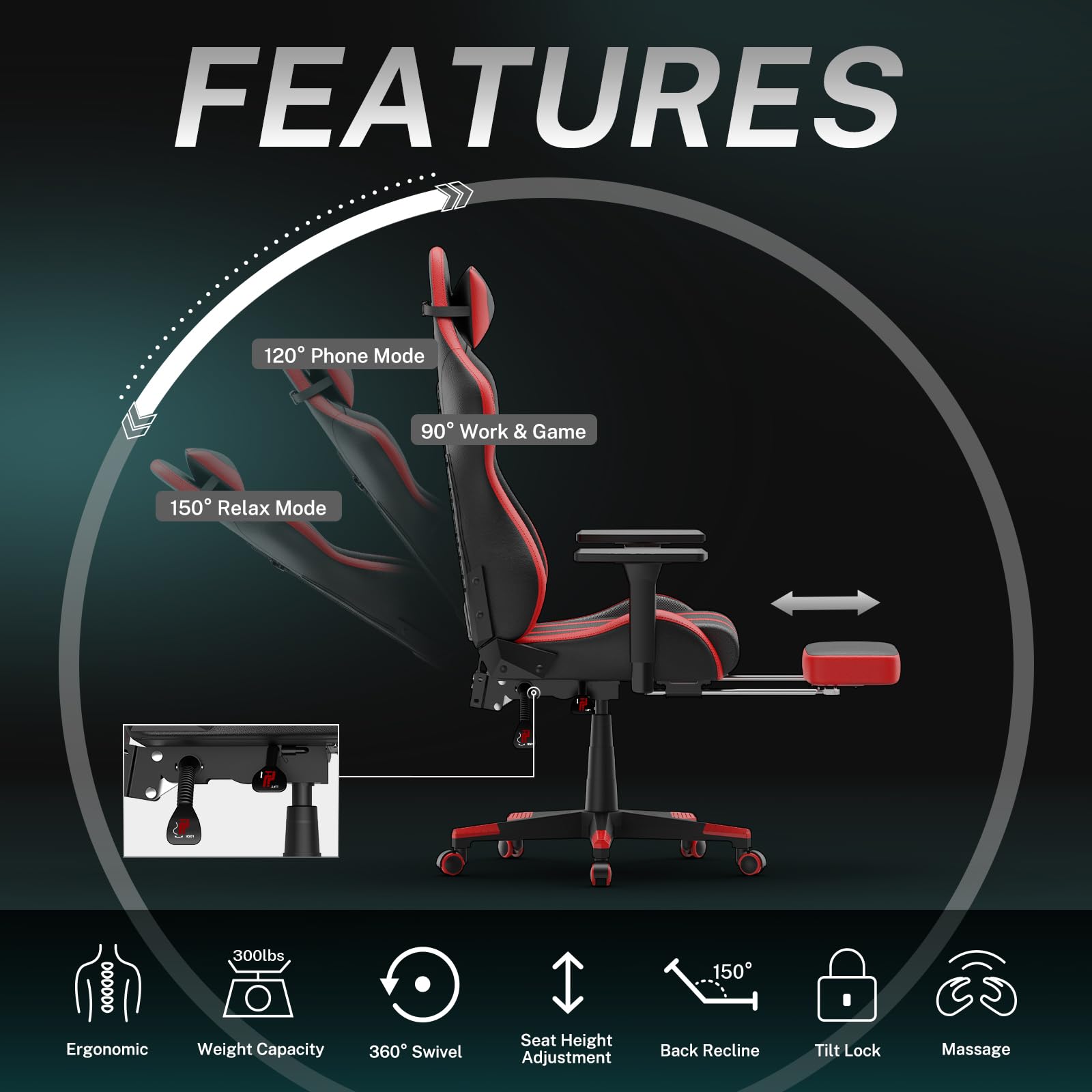 Soontrans Red Gaming Chair with Footrest - Ergonomic Racing Style Massage Gaming Chair for Adults, Adjustable Height & 360° Swivel, Reclining Computer Office Chair for PC Gaming, Streaming & Home Office Use