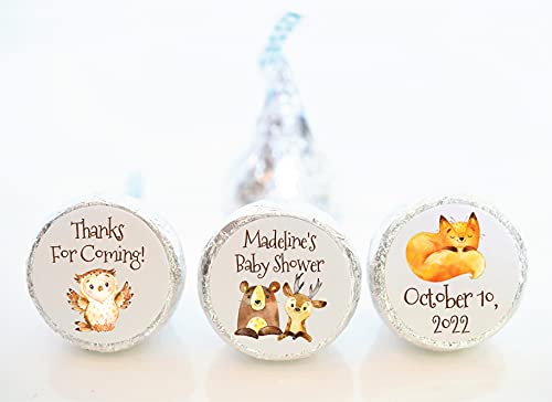 Personalized Woodland Animal Baby Shower Hershey Kiss Stickers - 108pcs Adhesive Labels for Party Favors, Decorations & Gift Wrapping - Perfect for Baby Showers, Birthdays & Nursery Decor (WAN001)