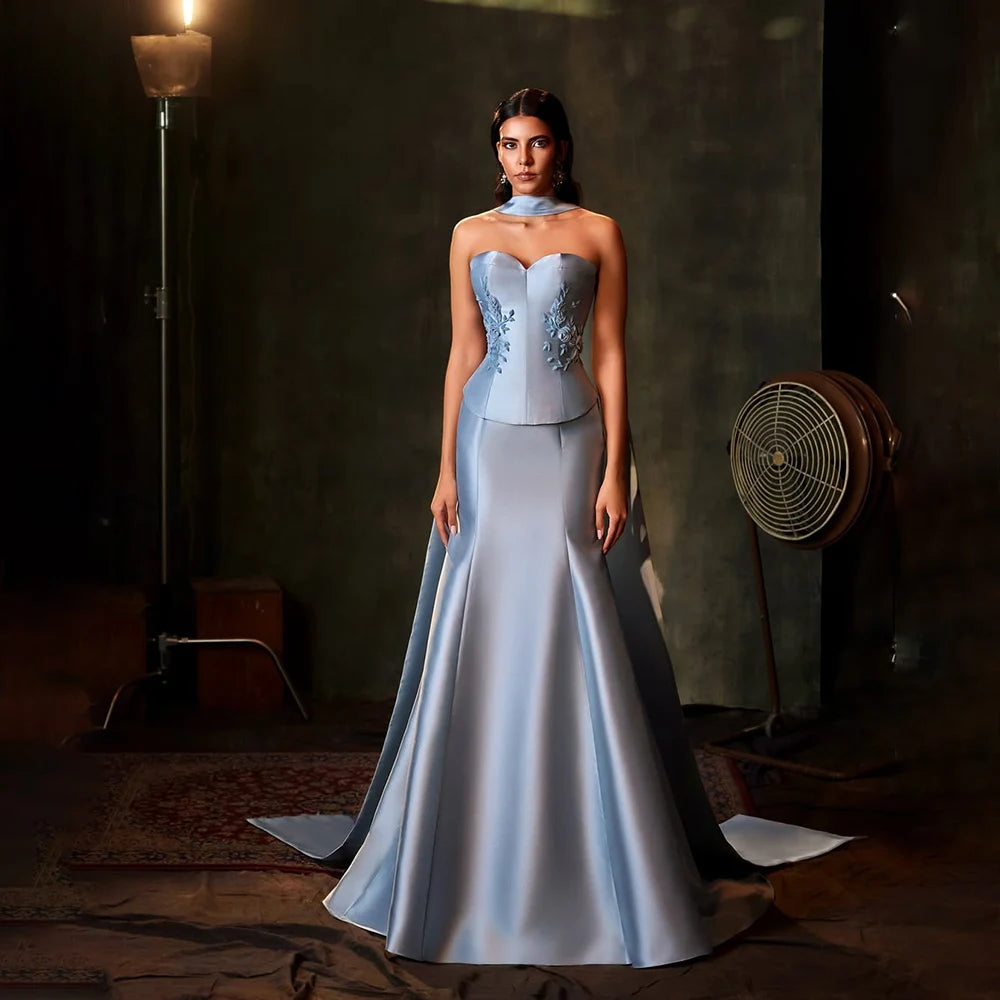 Luxury Dubai Saudi Blue Mermaid Satin Evening Dress with Long Scarf - Formal Gown for Weddings, Galas & Special Occasions - Elegant Women's Party Wear LA72831