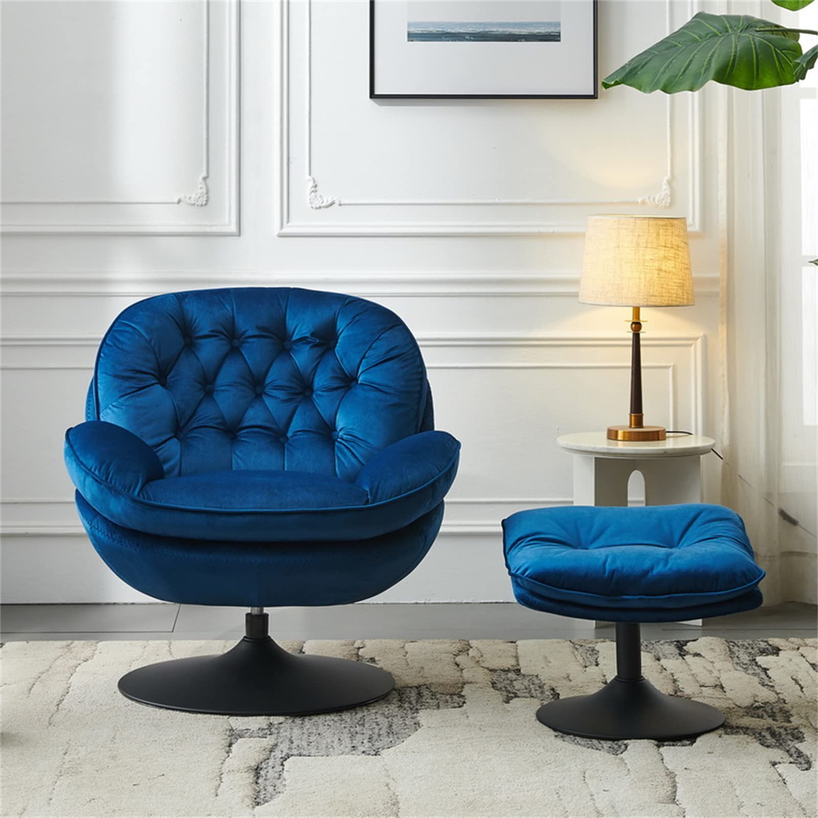 Velvet Swivel Accent Chair with Ottoman - Modern Cozy Lounge Chair for Living Room, Bedroom & Reading Nook - Blue Upholstered Lazy Sofa & TV Chair - Perfect for Relaxing, Entertaining & Small Spaces