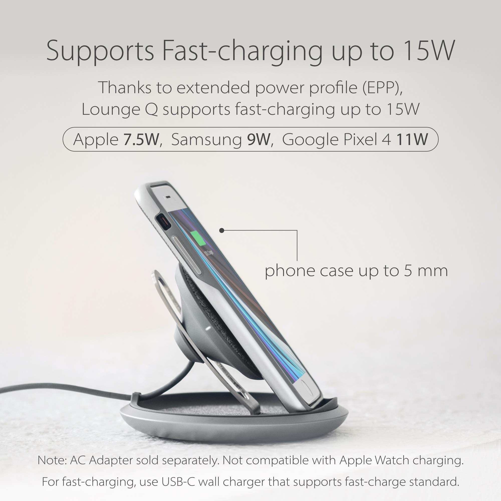 Moshi Lounge Q Wireless Charger Stand - Adjustable Height, Soft Fabric, 15W Fast Charging for iPhone 12/13/14, Galaxy S21/S22, Pixel & Qi Devices | Perfect for Bedside, Office Desk & Nightstand Charging (AC Adapter Not Included)