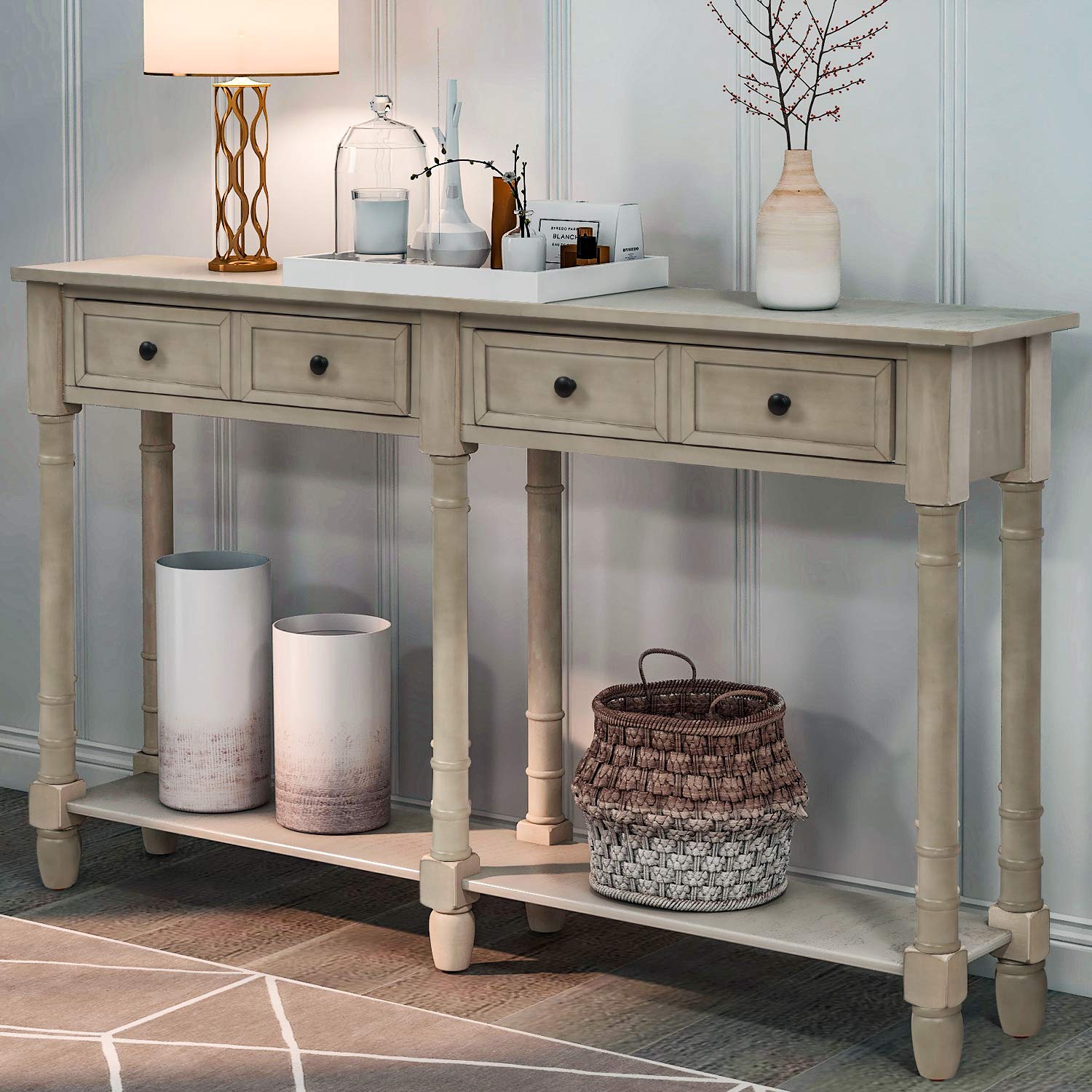 Rustic Console Table with 2 Large Drawers & Bottom Shelf - Entryway Sofa Table, Buffet Sideboard with Ample Storage - Grey Wash Finish | Perfect for Hallway, Living Room & Dining Room Decor
