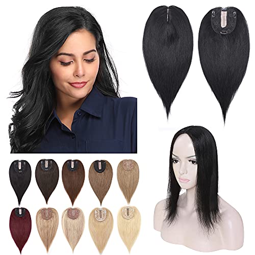 SEGO 10x12cm Silk Base Human Hair Toppers for Women - 130% Density Clip-in Top Wiglet, 100% Remy Human Hair for Thinning Hair & Grey Coverage (14 Inch Jet Black) - Perfect for Daily Wear, Special Occasions & Hair Volume Enhancement