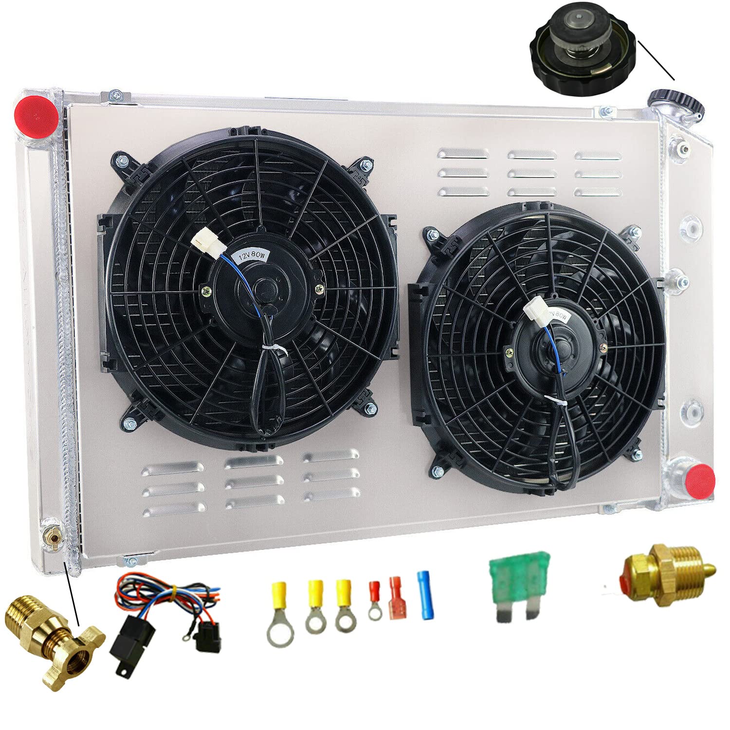 High-Performance 3 Row Aluminum Radiator Shroud with Fan Relay for 1971-1990 Chevy Chevelle, Impala, Caprice, Malibu, C10-C30, K10-K30, Suburban, GMC Jimmy & Buick Lesabre - Perfect for Engine Cooling & Off-Road Adventures