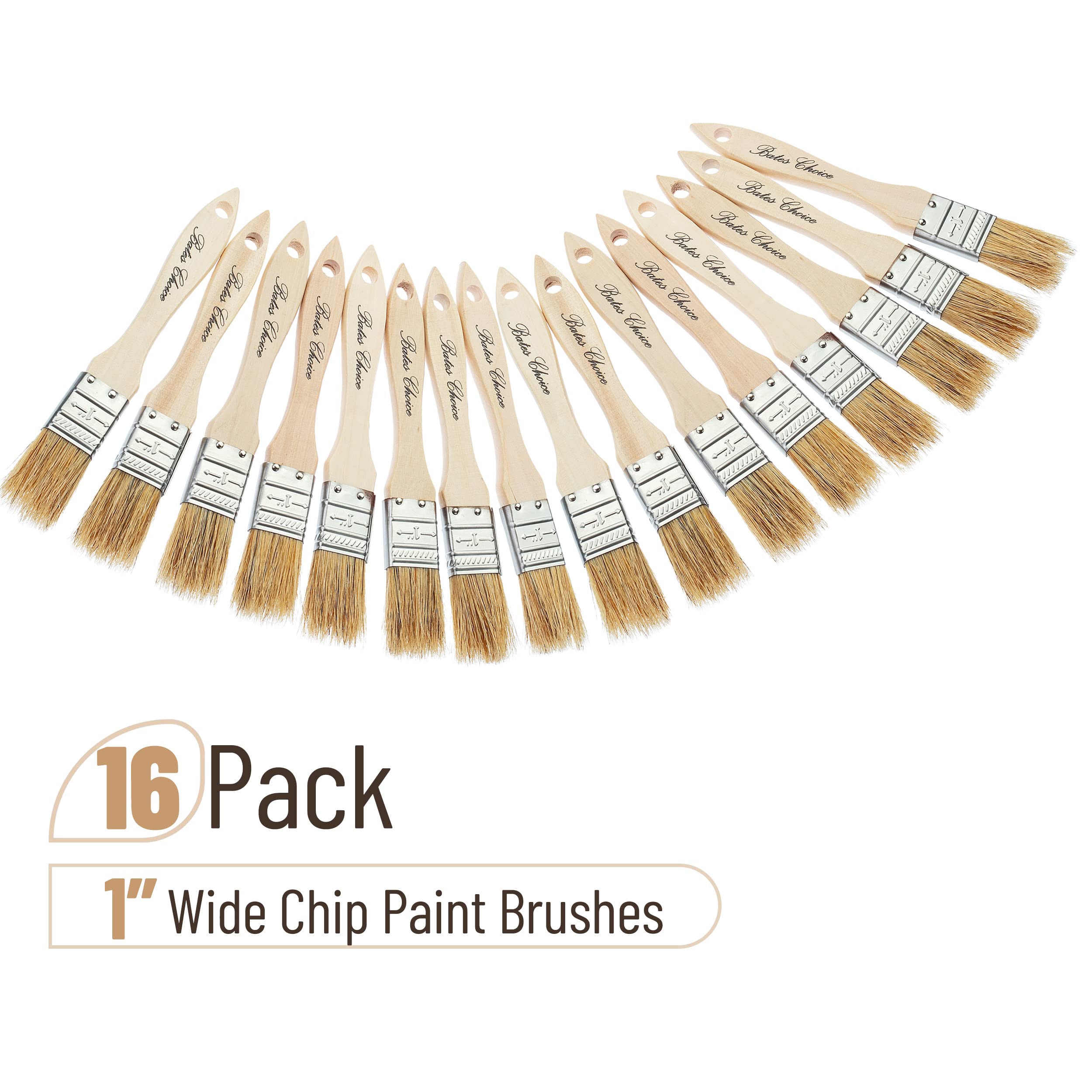 Bates 1-Inch Natural Bristle Paint Brushes - 16 Pack Chip Brushes Set for Wood Staining, Wall Painting & DIY Projects - Professional Quality Artist & Home Improvement Painting Tools