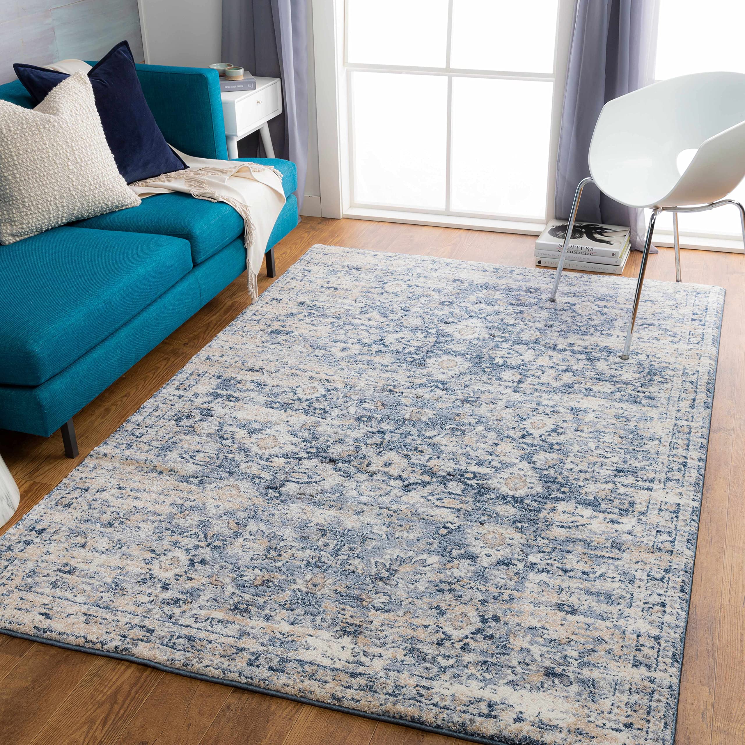 Luxury Hauteloom Gatineau Plush High Pile Area Rug for Living Room & Bedroom - Soft Beige, Blue, Gray Colors - 6'7