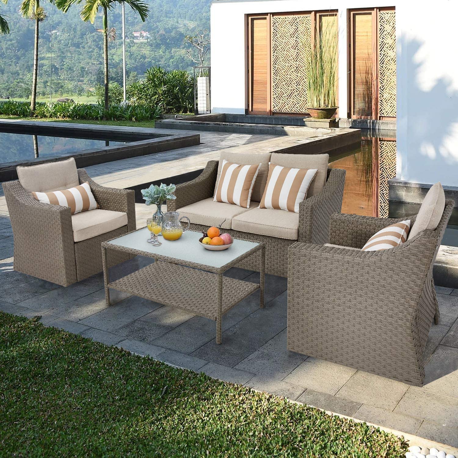 SOLAURA 4-Piece Outdoor Patio Furniture Set - All-Weather Wicker Sectional Sofa with Tempered Glass Coffee Table, Gray - Perfect for Backyard, Garden & Poolside Relaxation