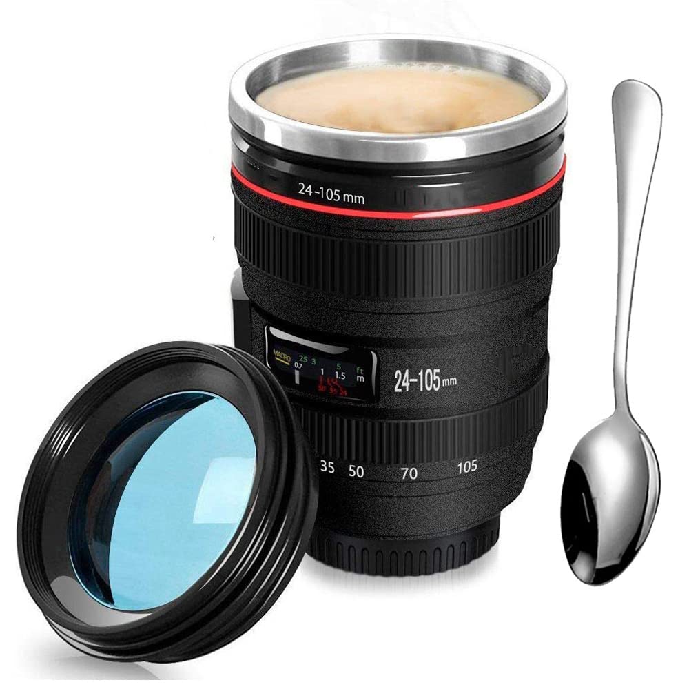 Stainless Steel Travel Coffee Mug with Camera Lens Design - BPA Free Insulated Tumbler for Car, Office & Photography Enthusiasts - Perfect for Commuting, Work & Outdoor Adventures