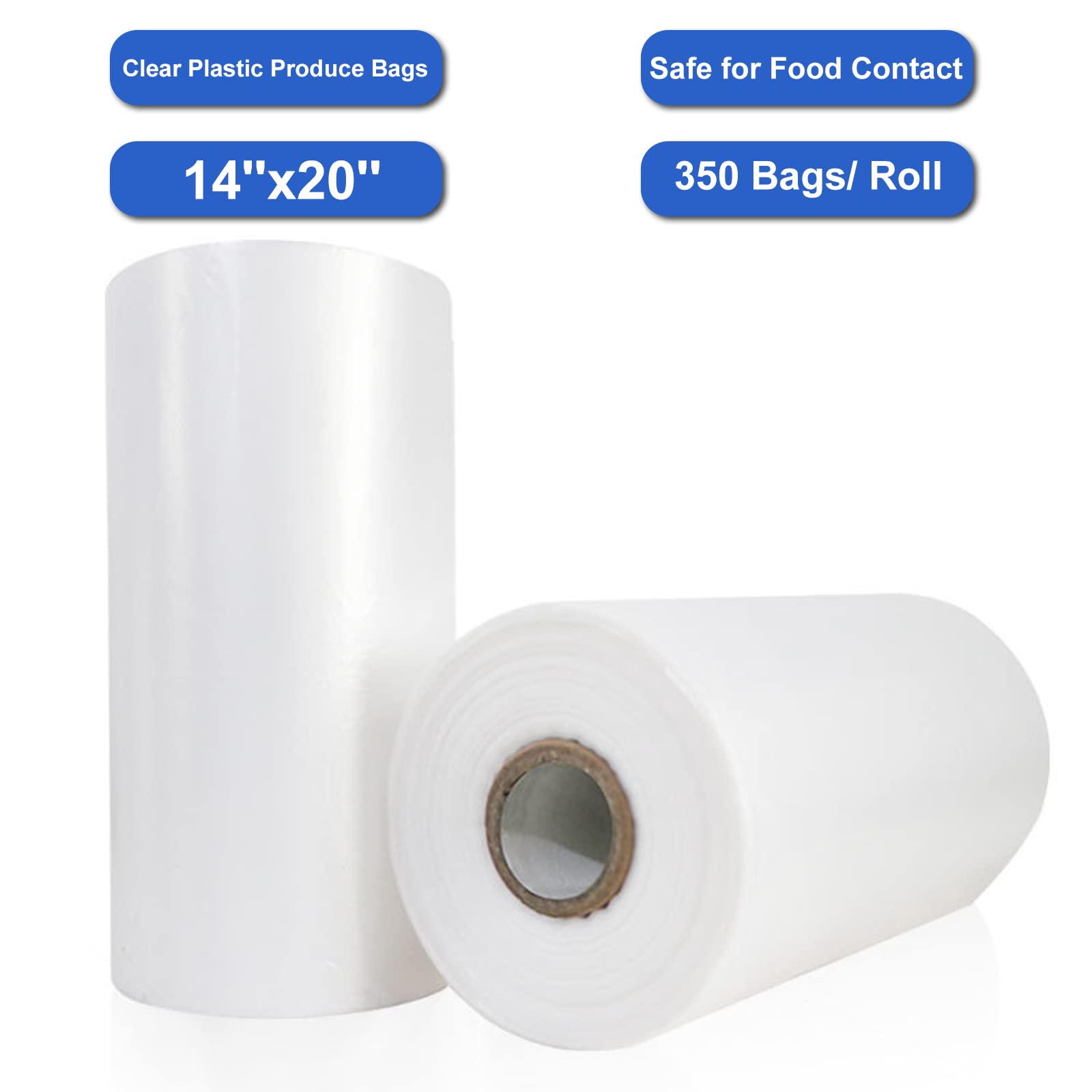 LabelMore 14'' x 20'' Clear Plastic Produce Bags on Roll - 350 Food Storage Bags for Bread, Vegetables, Fruits & Meat - Perfect for Grocery Stores, Farmers Markets & Home Kitchen Organization