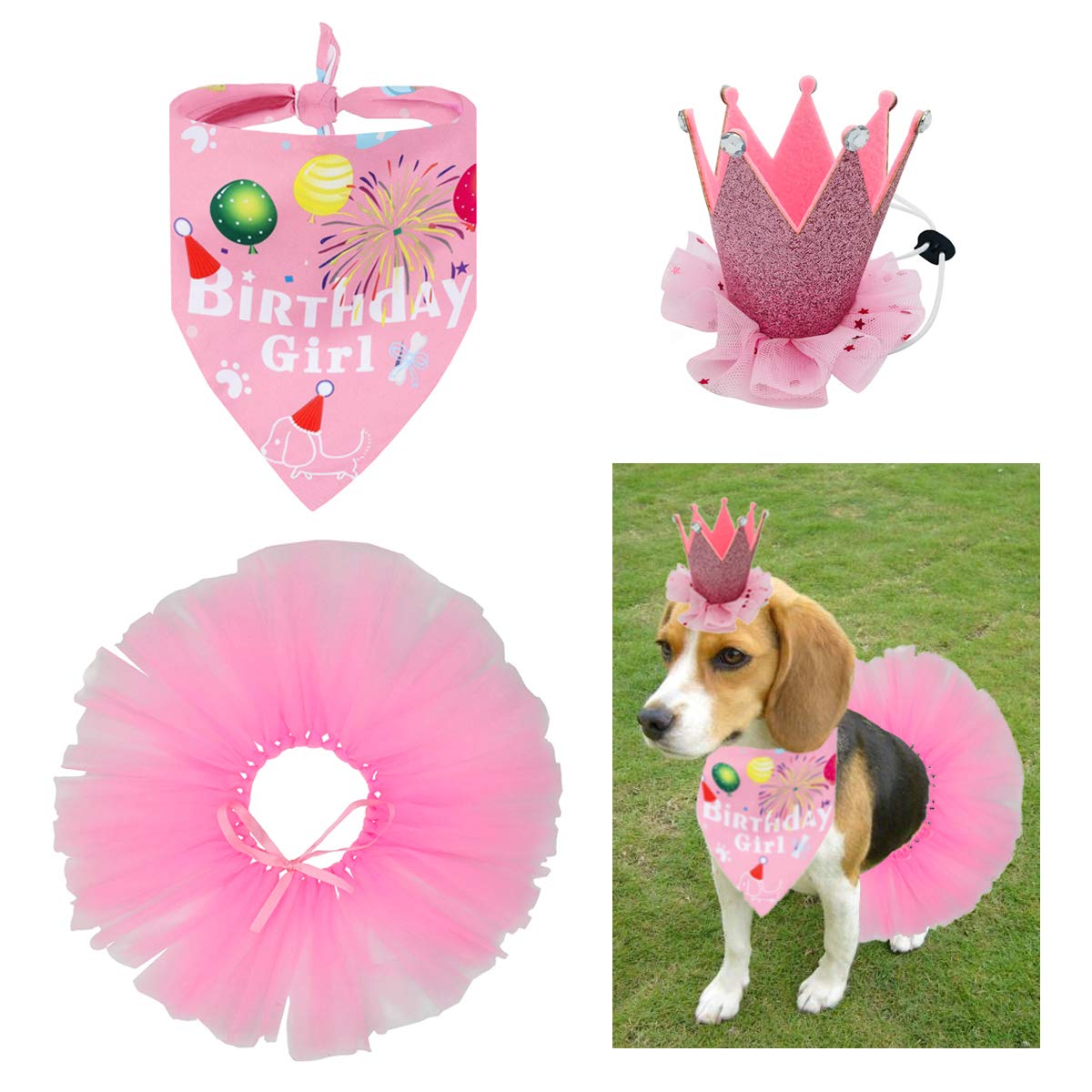 **Dog Birthday Outfit Set - Party Hat, Bandana, Tutu Skirt & Scarf for Small to Large Dogs - Pink Pet Costume for Birthday Celebrations & Photo Shoots**