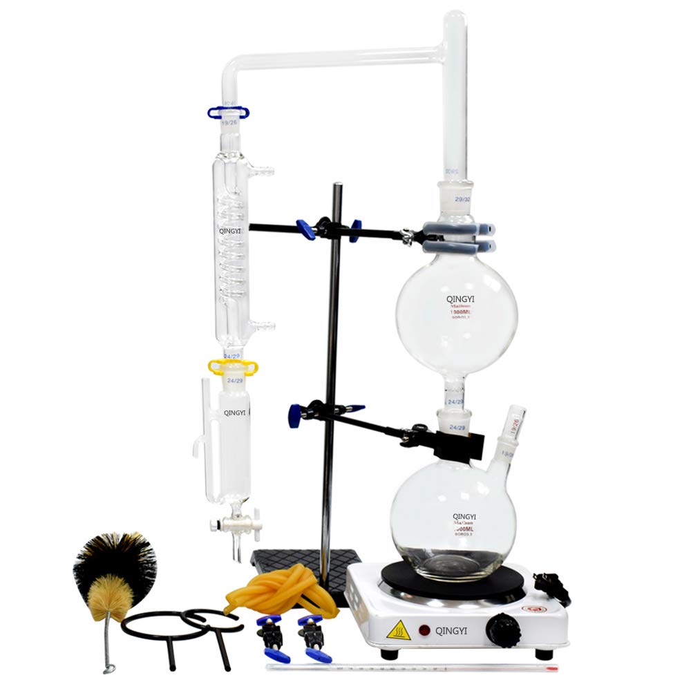 1000ml Essential Oil Distillation Kit with Hot Plate & Graham Condenser - 24/40 Joint Glassware Set for Aromatherapy, Herbal Extraction & Home Distilling | Includes Separating Funnel & Water Purifier
