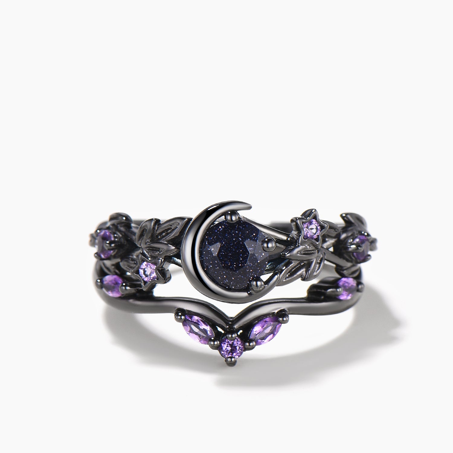 Round Blue Sandstone Moon Wedding Ring Set with Amethyst & Black Gold Leaf - Elegant Bridal Jewelry for Engagement, Anniversary & Romantic Occasions
