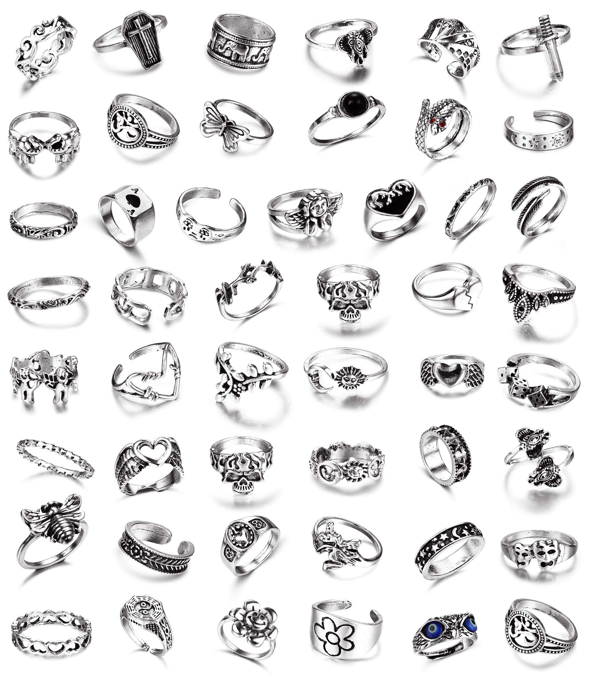 Vintage Silver Punk Rings Set - 49PCS Adjustable Knuckle Rings for Men & Women - Snake, Cross, Flower, Gothic, Hip Hop Style - Stackable Midi Rings for Daily Wear, Parties, Concerts & Photo Shoots