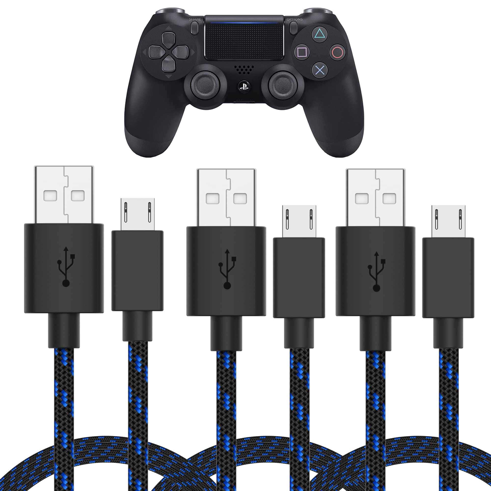 TalkWorks Micro USB Controller Charger Cable for PlayStation 4 - 6-Foot Durable Braided Fast Charging Cord for PS4 Controllers (3 Pack, Blue-Black) - Perfect for Gaming Sessions & Controller Charging