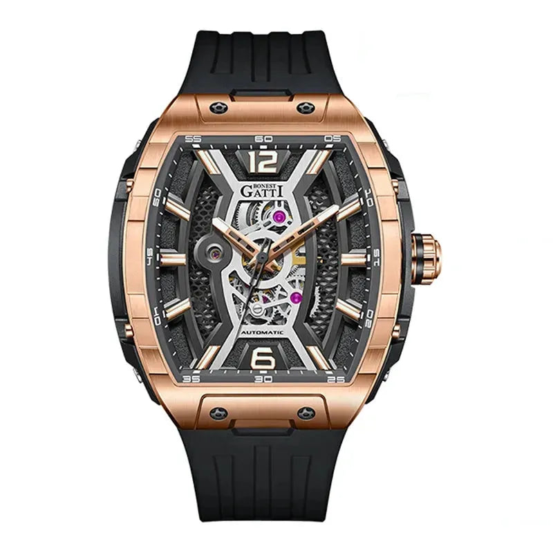 Luxury BONEST GATTI Men's Automatic Mechanical Watch 46MM - Tonneau Case, Sapphire Crystal, Waterproof, Skeleton Dial, Luminous Hands, Viton Strap - Perfect for Business, Formal Events & Gift Giving