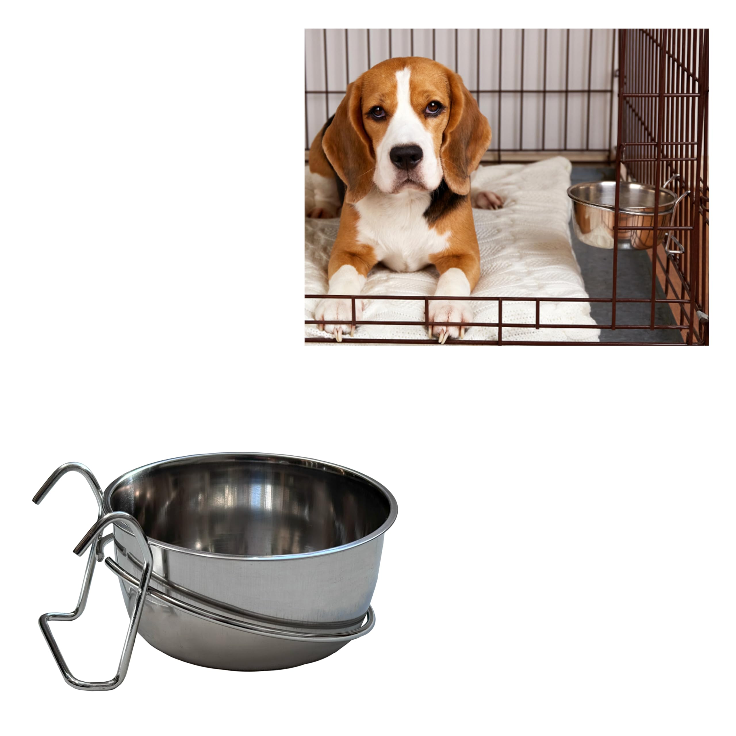 Stainless Steel Pet Bowl with Wire Hooks - 20oz Durable Chew-Proof Food Water Dish for Cages Crates - Easy Install Removable for Dogs Cats Birds Reptiles - Perfect for Travel Training & Home Use