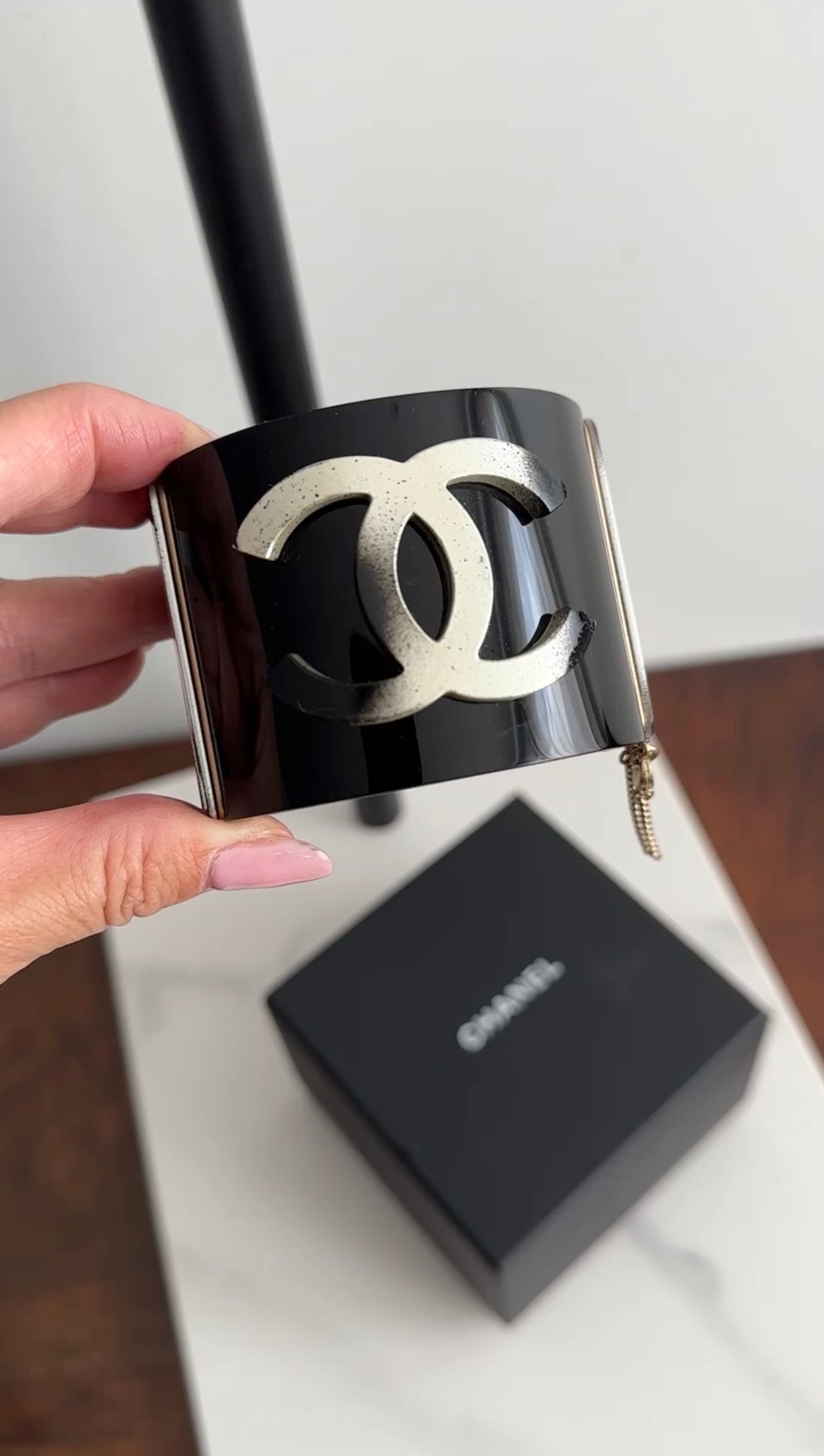 Chanel 14A Black Resin CC Goldtone Cuff Bracelet for Women - Luxury Fashion Jewelry Gift for Birthday, Anniversary & Special Occasions
