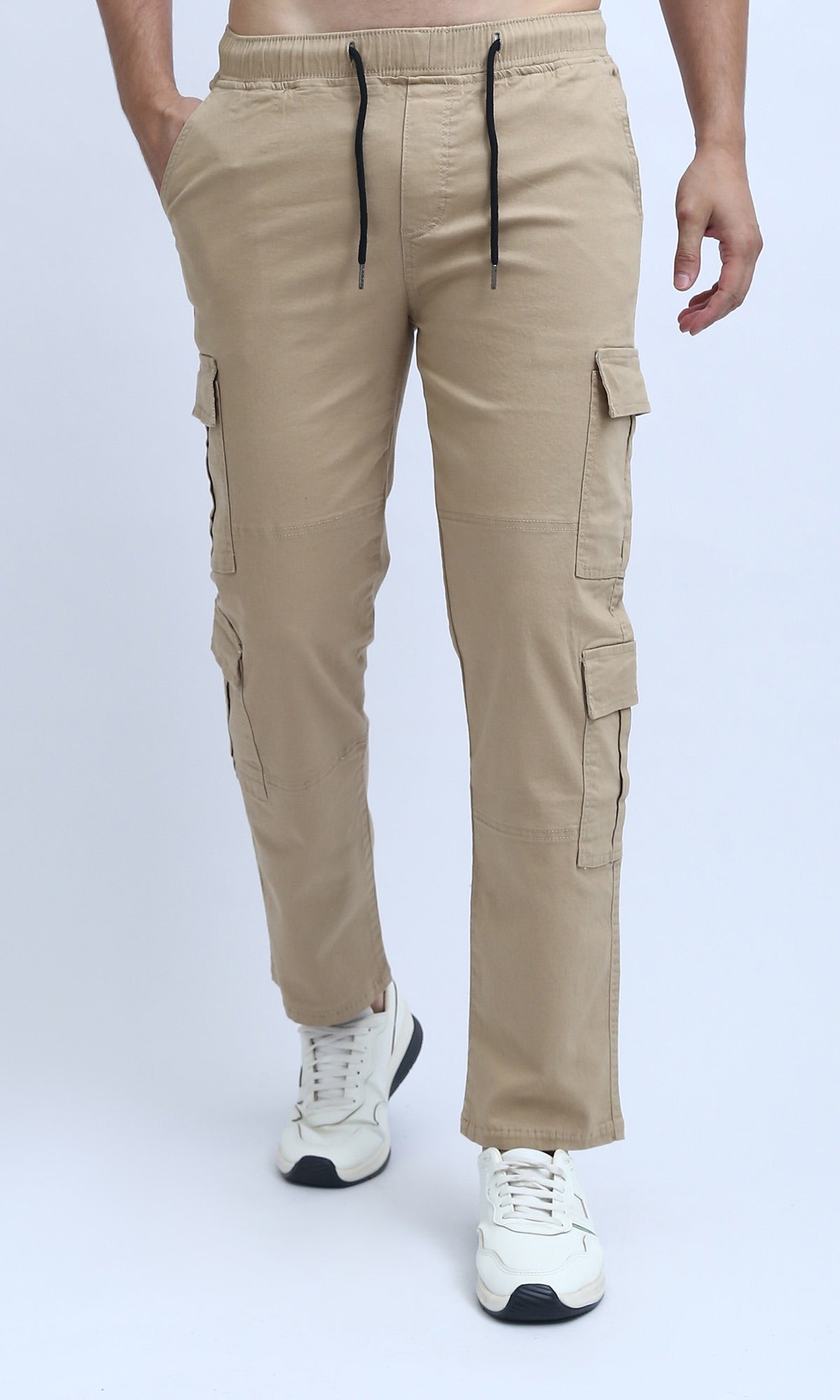 O201036 Men's Solid Cargo Pants with Multiple Side Pockets - Beige Casual Work Pants for Outdoor, Hiking & Everyday Wear