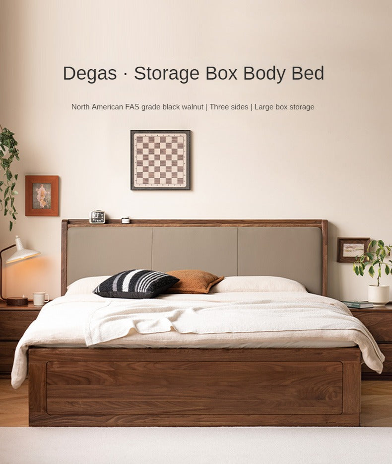 Solid Black Walnut Wood Leather-Upholstered Drawer Box Bed - Nordic Style Platform Bed with Storage for Modern Bedroom