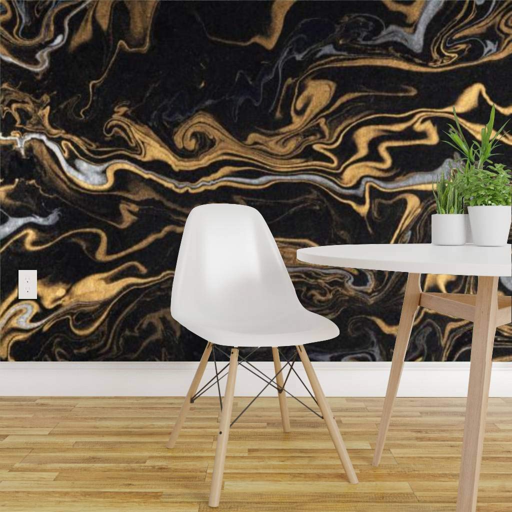 Peel and Stick Marble Ink Wallpaper - Black Silver Gold Self-Adhesive Vinyl Film Roll | Removable Wall Mural for Home Decor, Shelf Liner & Accent Walls