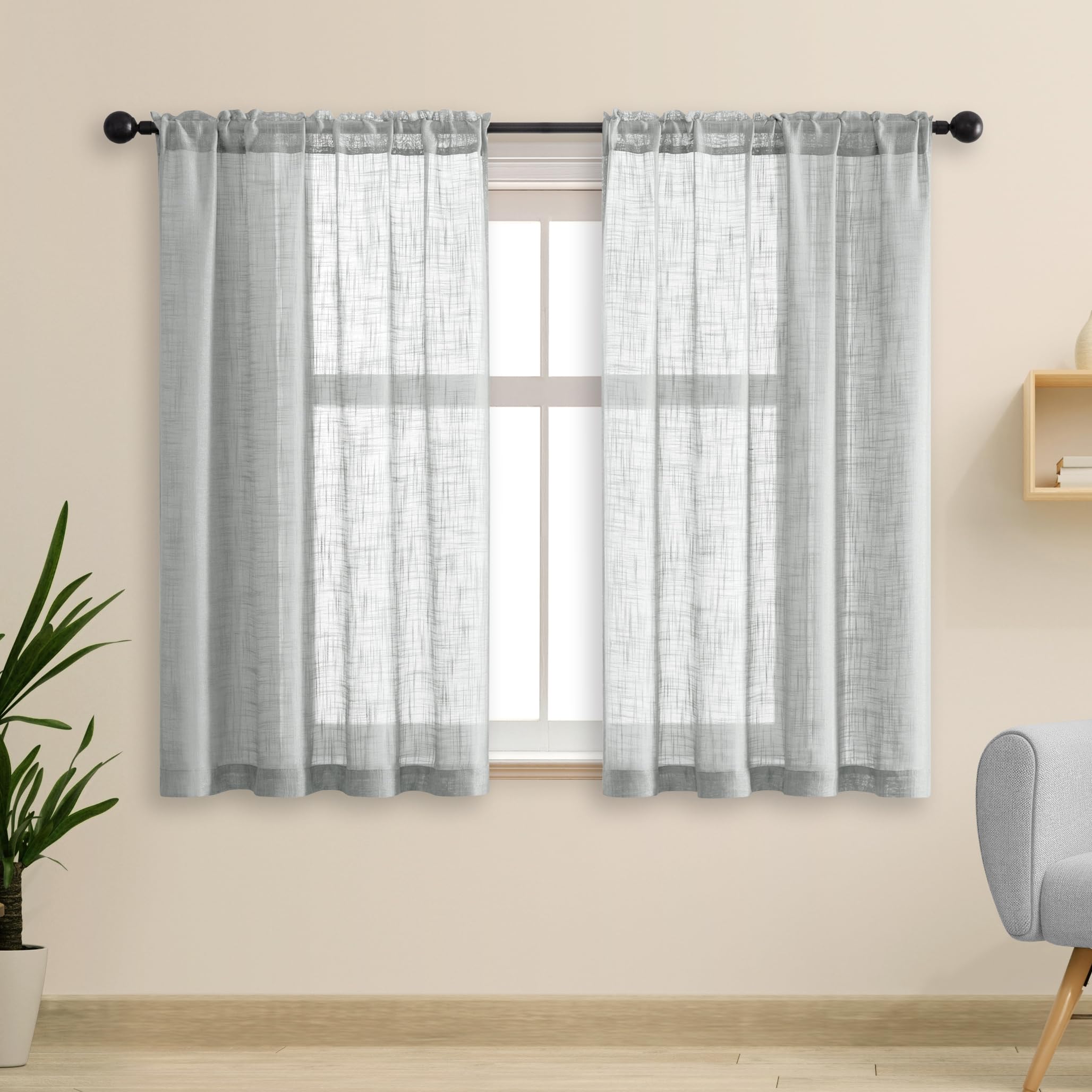 Light Gray Semi Sheer Faux Linen Curtains - 2 Panels 36x48 Inches, Rod Pocket Window Drapes for Bathroom, Bedroom & Kitchen - Soft Privacy & Elegant Home Decor