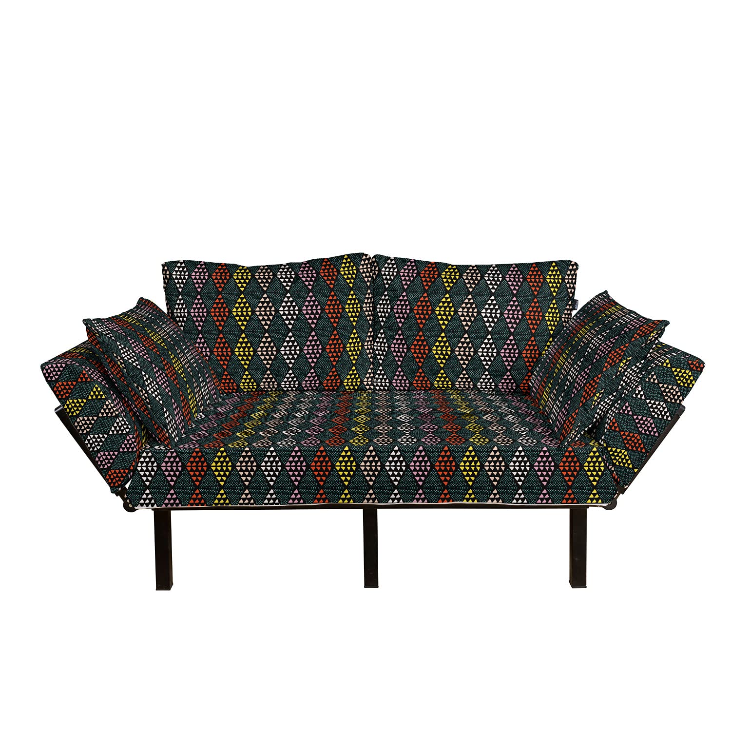 Ambesonne Geometric Futon Couch - Modern Hand-Drawn Rhombus & Triangle Pattern Daybed with Sturdy Metal Frame | Charcoal Grey & Multicolor Upholstered Sofa for Living Room, Dorm, Office or Guest Room | Perfect for Small Spaces, Lounging & Extra Sleeping Space